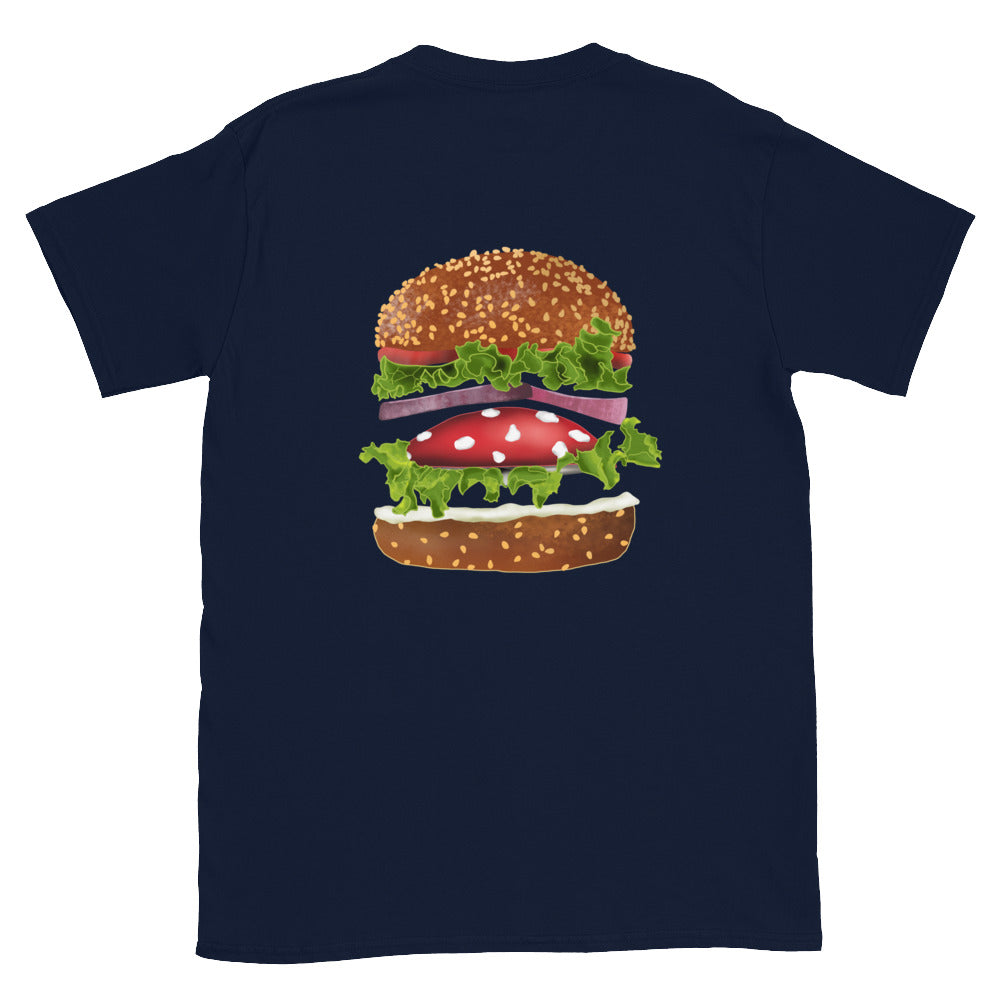 Navy blue mushroom burger shirt - A mushroom burger t-shirt that's colorful, totally unique and made just for you! The funky foodie design is hand drawn and printed on a classic t-shirt. Eat your favorite veggie burger in style with a shrooms and burger lover t-shirt or give it as a funny gift to your favorite mushroom burger enthusiast and foodies of all kinds.