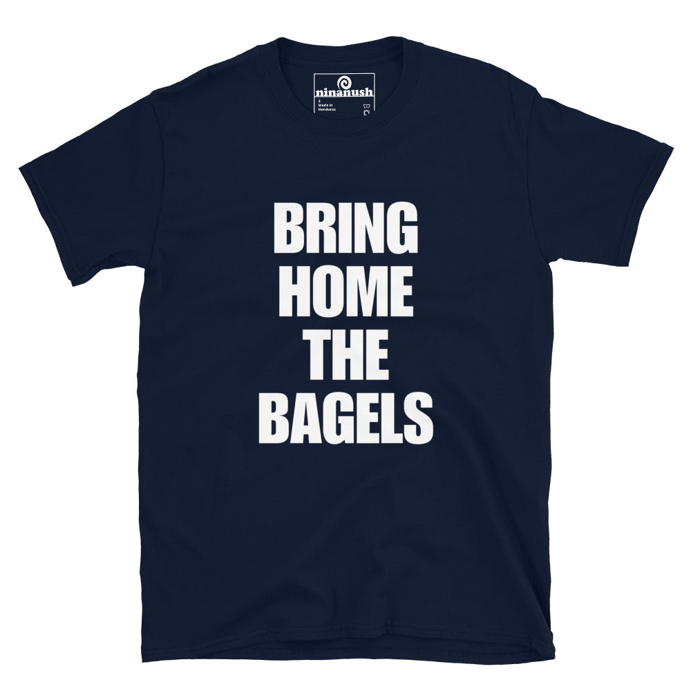 Navy blue bagel shirt with saying - Bring home the bagels! Make a statement and eat bagels in style in this funny foodie t-shirt for bagel lovers. It's soft, comfortable and made just for you to show off your love of bagels. It's a unique t-shirt with a funny bagel saying. The perfect funny t-shirt for foodies of all kinds or a gift for bagel lovers.