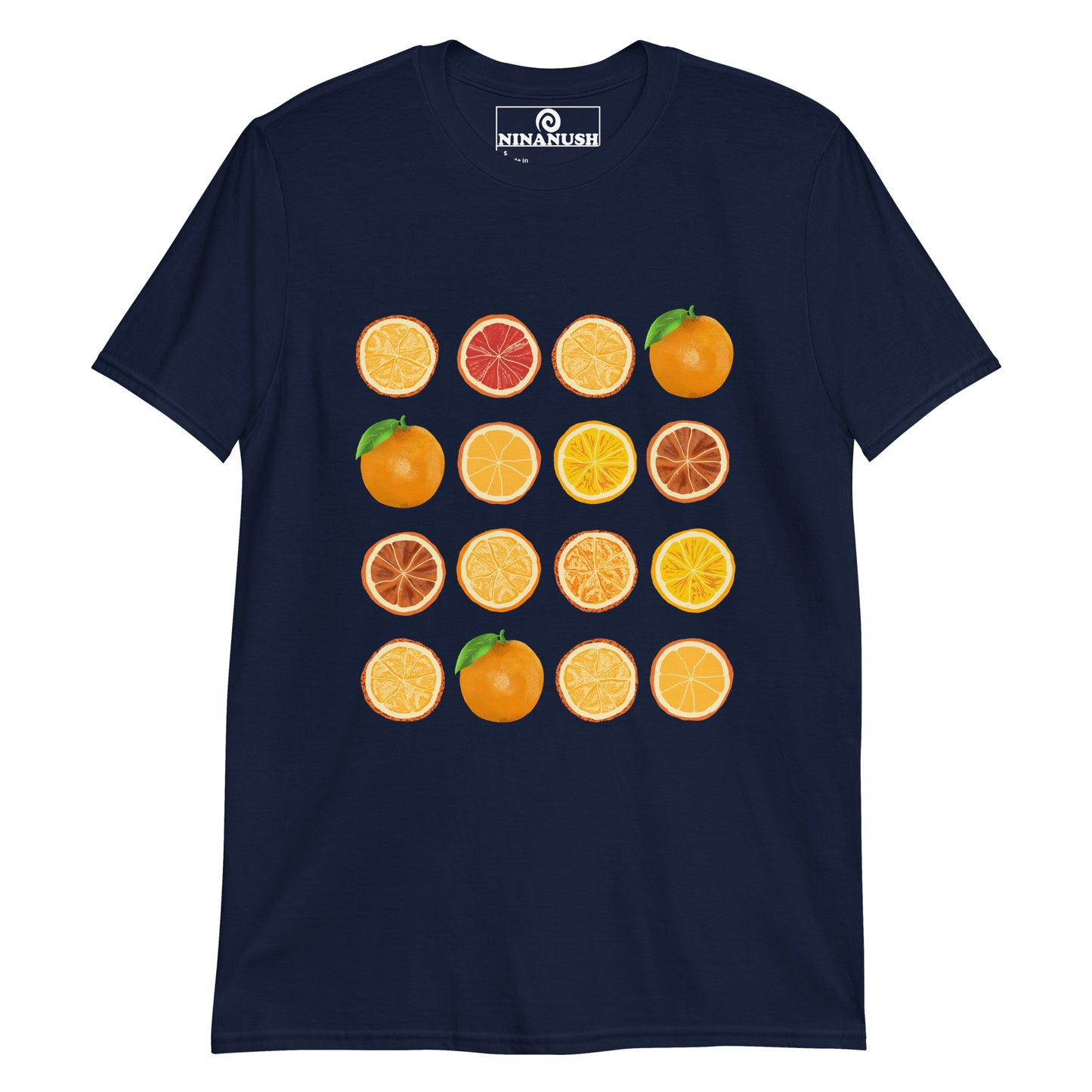 Navy blue orange lover t-shirt - This colorful fruit t-shirt has 16 bright oranges printed on a classic t-shirt. If you love oranges, this foodie t-shirt is just what you need. It's a totally unique orange slices shirt that's funky and perfect for orange enthusiasts. Eat oranges in style and stand out in an orange lover t-shirt made just for you.