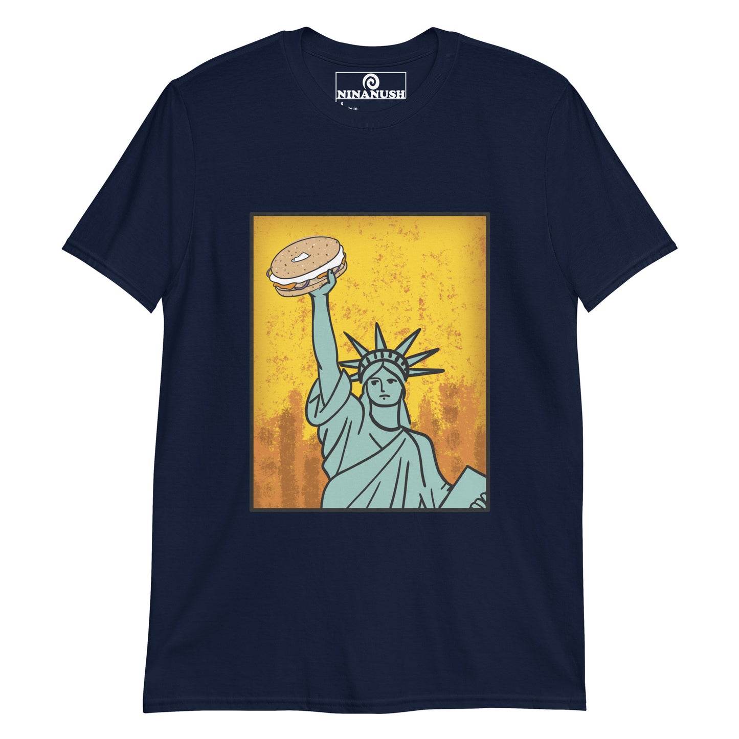 Navy blue bagel shirt - Funky Statue of Liberty T-shirt. Eat bagels in style in a funny food t-shirt for bagel lovers. It's a colorful graphic tee with a totally unique hand drawn design of the Statue of Liberty holding a bagel. It's just what every bagel enthusiast needs. Make a statement or give it as a funny gift for bagel lovers.