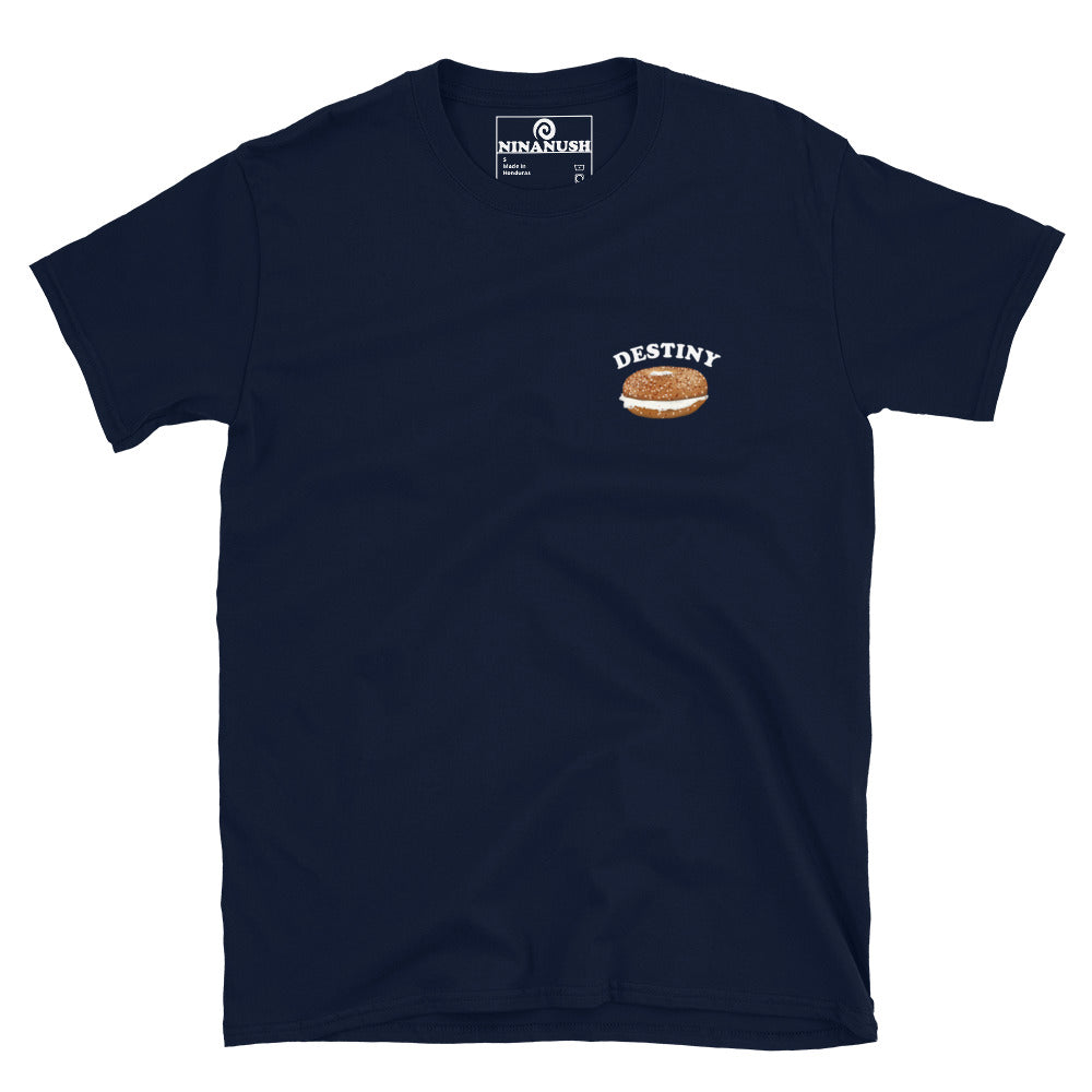 Navy blue bagel lover shirt - Make a statement as a bagel-loving foodie with our funny "Destiny Bagel" T-shirt. This unique graphic tee features a bagel and the word "destiny." Whether you're eating bagels or expressing your passion for food, this random and weird shirt is just what you need. It also makes a fantastic gift for fellow bagel enthusiasts.