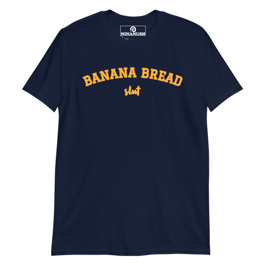 Navy t-shirt for banana bread sluts - Slut for banana bread? This banana bread t-shirt was designed just for you! A classic cotton tee with a funny foodie design. Eat bananas and share your passion for banana bread in our sarcastic foodie shirt for banana bread lovers. The banana bread enthusiast shirt makes a great gift for a crazy banana bread aficionado.