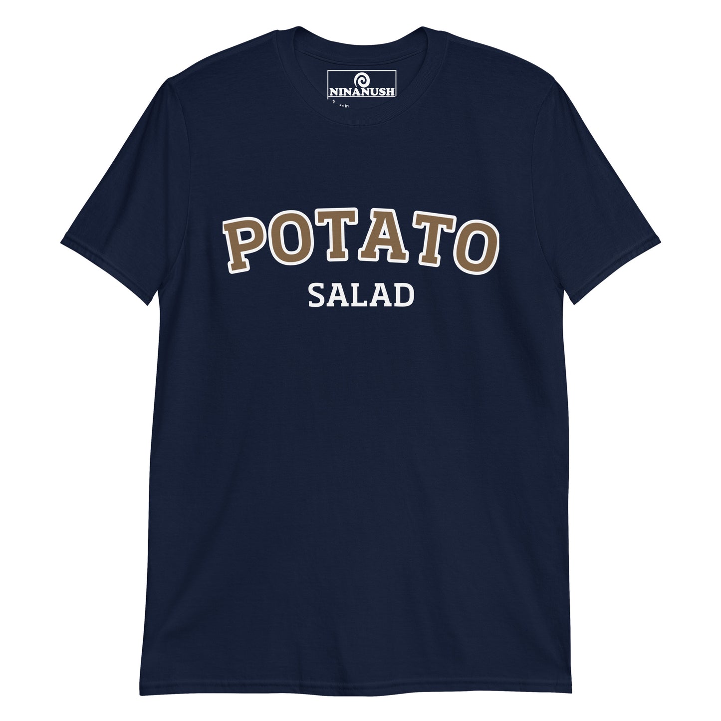 Navy potato salad t-shirt from NIna's Funky Shop by ninanush - A funny food shirt, designed for potato salad lovers and foodies of all kinds. Now you can eat your favorite potato salad in style with this unique foodie graphic tee. It's soft and comfortable with an eye catching brown and white design. The perfect gift for a potato salad enthusiast or a quirky tee for everyone.