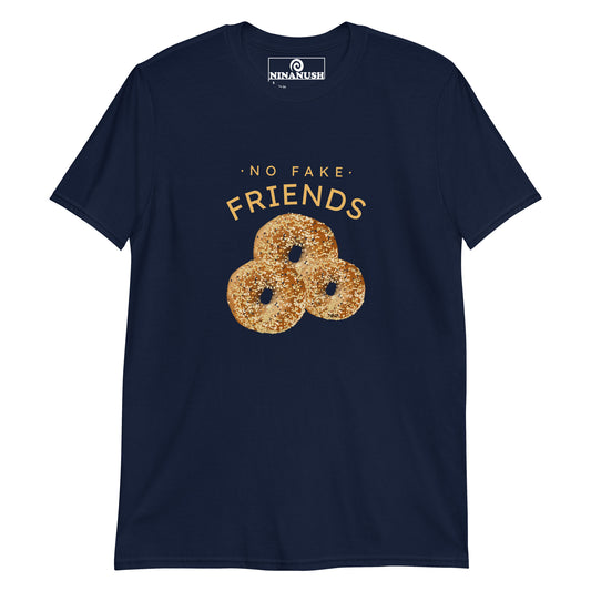 Navy funny bagel shirt from Nina's Funky Shop by ninanush - This "no fake friends" shirt is designed for bagel lovers with unique everything bagels, hand-drawn by Nina. Eat bagels and make a statement in this bagel enthusiast t-shirt. It's soft, comfortable, and made just for you. Stand out in this quirky t-shirt or give it as a gift for a bagel lover or foodie of all kinds.