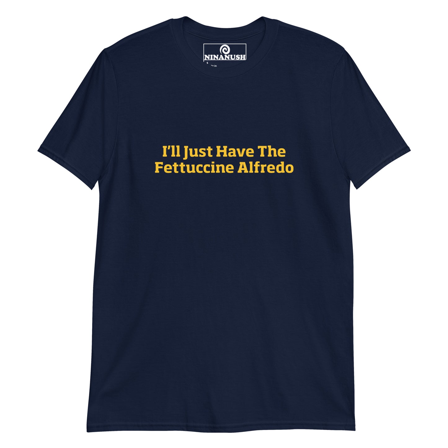 Navy fettuccine Alfredo t-shirt from Nina's Funky Shop by ninanush - This Fettuccine Alfredo T-Shirt is soft, comfortable and designed for fettuccine Alfredo enthusiasts. Eat your favorite fettuccine Alfredo in a our funny food tee. Perfect for pasta lovers and foodies of all kinds. Celebrate your favorite food and drinks in our funky foodie apparel, designed by Nina and made just for you.