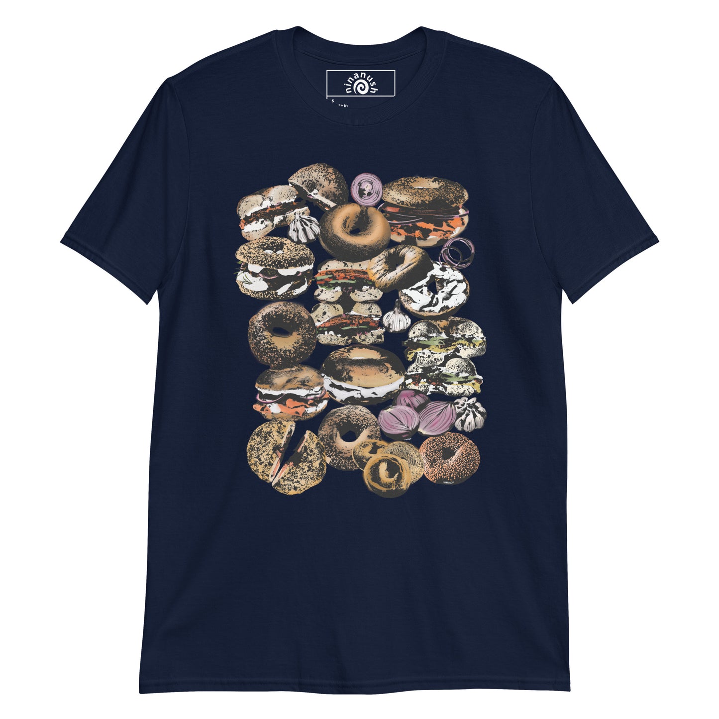 Navy Funky Bagel Shirt from Nina's Funky Shop by ninanush - Are you a bagel enthusiast? Looking for a bagel lover gift? This funky and colorful bagel shirt features bagels, garlic and onions together in the ultimate bagel lover shirt design. Stand out and eat bagels in this funky everything bagel shirt. It's a funny foodie t-shirt for bagel addicts and foodies of all kinds.