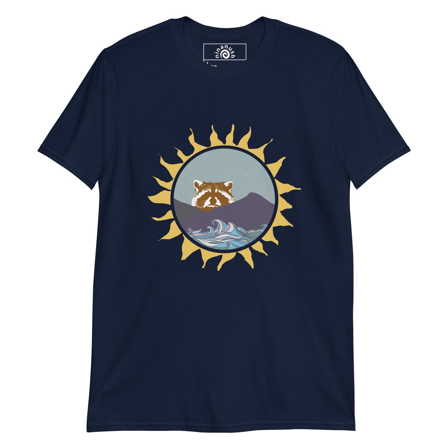 Navy raccoon t-shirt from Nina's Funky Shop by ninanush - Do you love raccoons? Looking for a raccoon graphic tee? Our colorful Raccoon T-shirt design is just what you need. Expertly printed on a soft and comfortable cotton tee. It features a raccoon peering over mountains with blue waves and funky sun frame. Stand out and show off your love of raccoons and quirky tees.