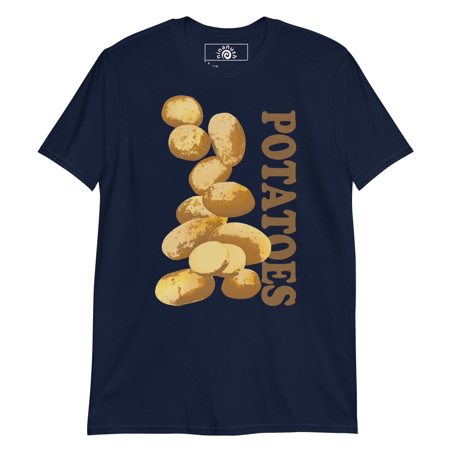 Navy Potatoes T-shirt from Nina's Funky Shop by ninanush - Do you love potatoes? Looking for a funny foodie gift? Our Unique Potatoes T-shirt is just what you need. It's a potatoes graphic tee with a hand drawn potato design, expertly printed on the front. Stand out in this potato lover t-shirt. It's the perfect funny foodie shirt for potato enthusiasts and foodies of all kinds.