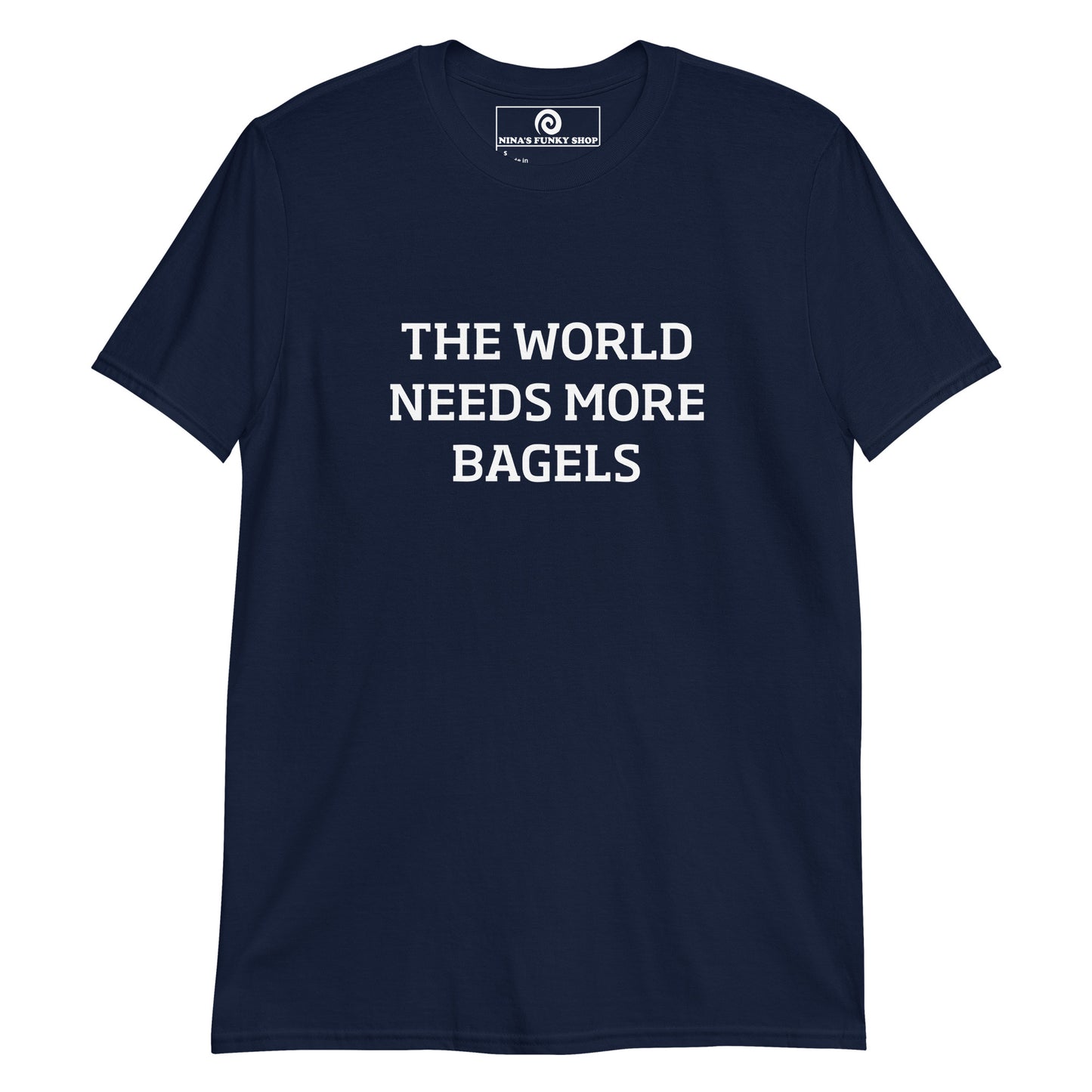 Navy Bagel shirt design - Bagel addict? Looking for a funny gift for a bagel enthusiast? This bagel lover t-shirt is just what you need. It's soft and comfortable with a funny bagel design, expertly printed on the front. The perfect shirt for everyday bagel babes and foodies of all kinds. Designed by Nina and made just for you. Looking for something personalized? Shoot us an email!