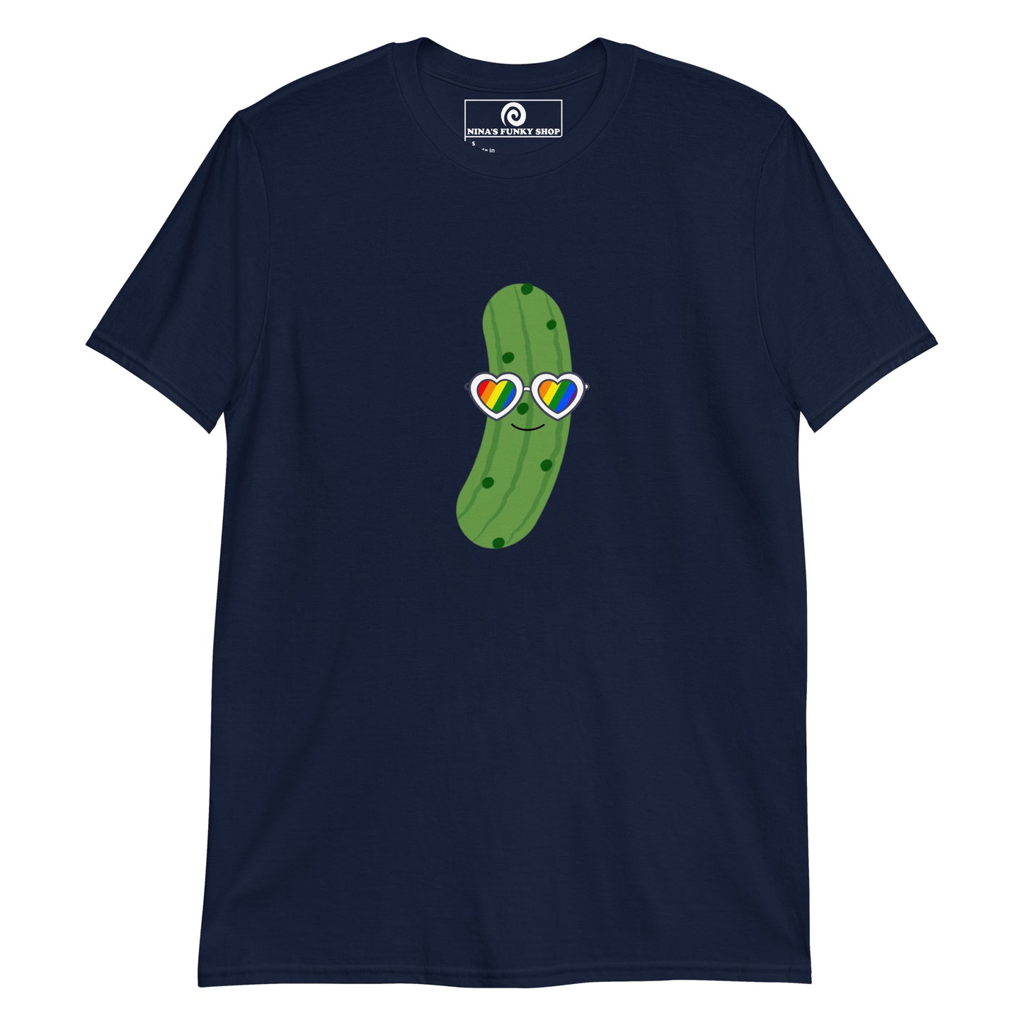 Navy Funny Pride T-shirt with Pickle Design - Our pride Pickle T-shirt is soft, comfortable and comes in a variety of colors with a funny pickle design wearing heart pride sunglasses. Eat your favorite pickles in this funny foodie tee. Stand out in our sarcastic graphic tees and funny foodie apparel. Designed by Nina and made just for you!