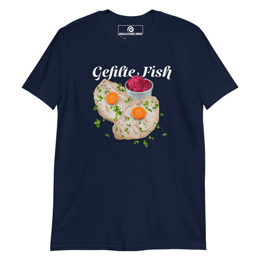 Navy Gefilte Fish T-Shirt - Our Gefilte Fish T-Shirt is soft, comfortable, and made just for you. It's a classic cotton graphic tee with gefilte fish, expertly printed on the front. A funny food t-shirt for Jews, foodies and Gefilte fish lovers and haters alike.