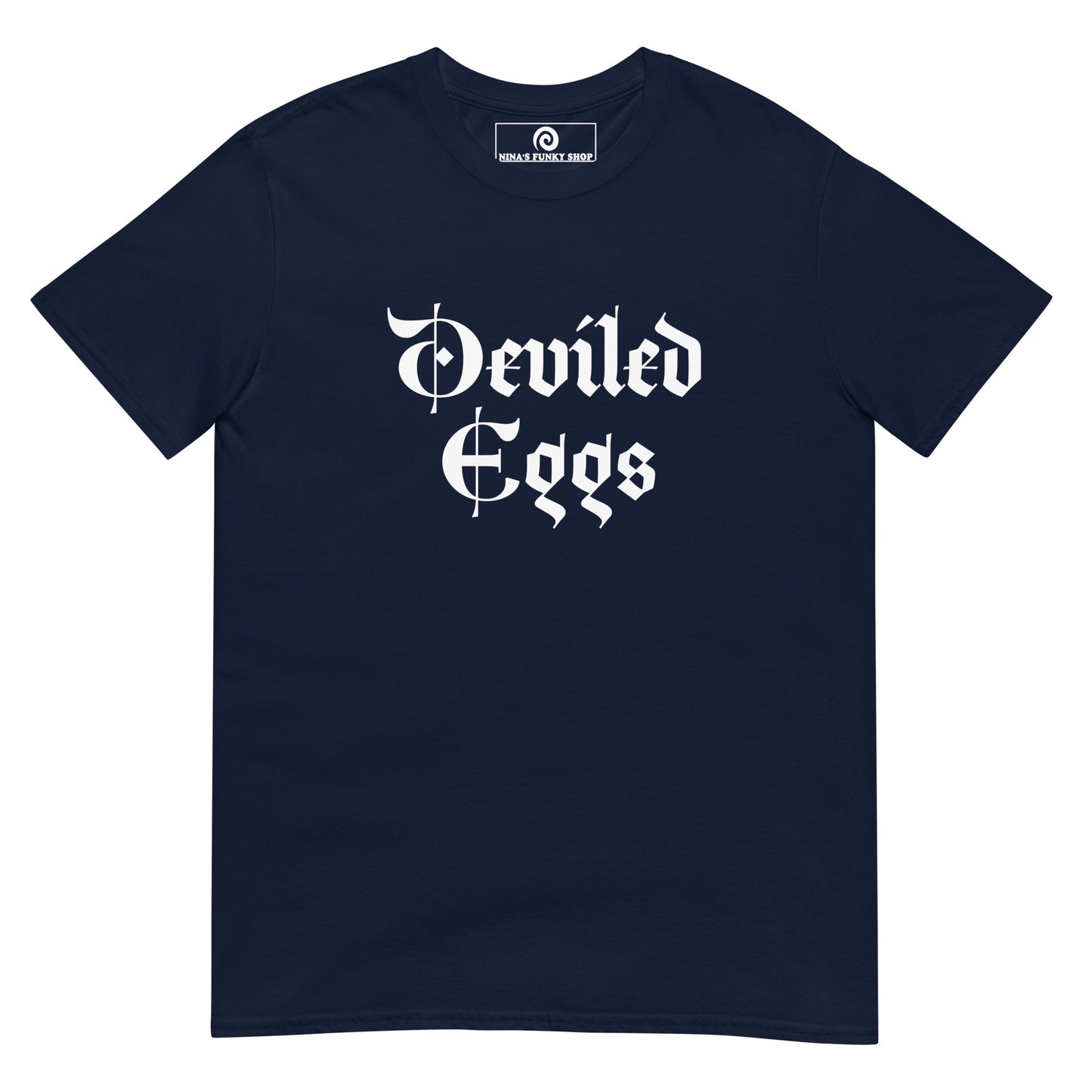 Navy Deviled Eggs T-Shirt - Big fan of Deviled Eggs? Looking for a gift for a foodie? Our Deviled Eggs T-Shirt is soft, comfortable and made just for you. It's a funny t-shirt that comes in a variety of colors with "deviled eggs", expertly printed on the front.
