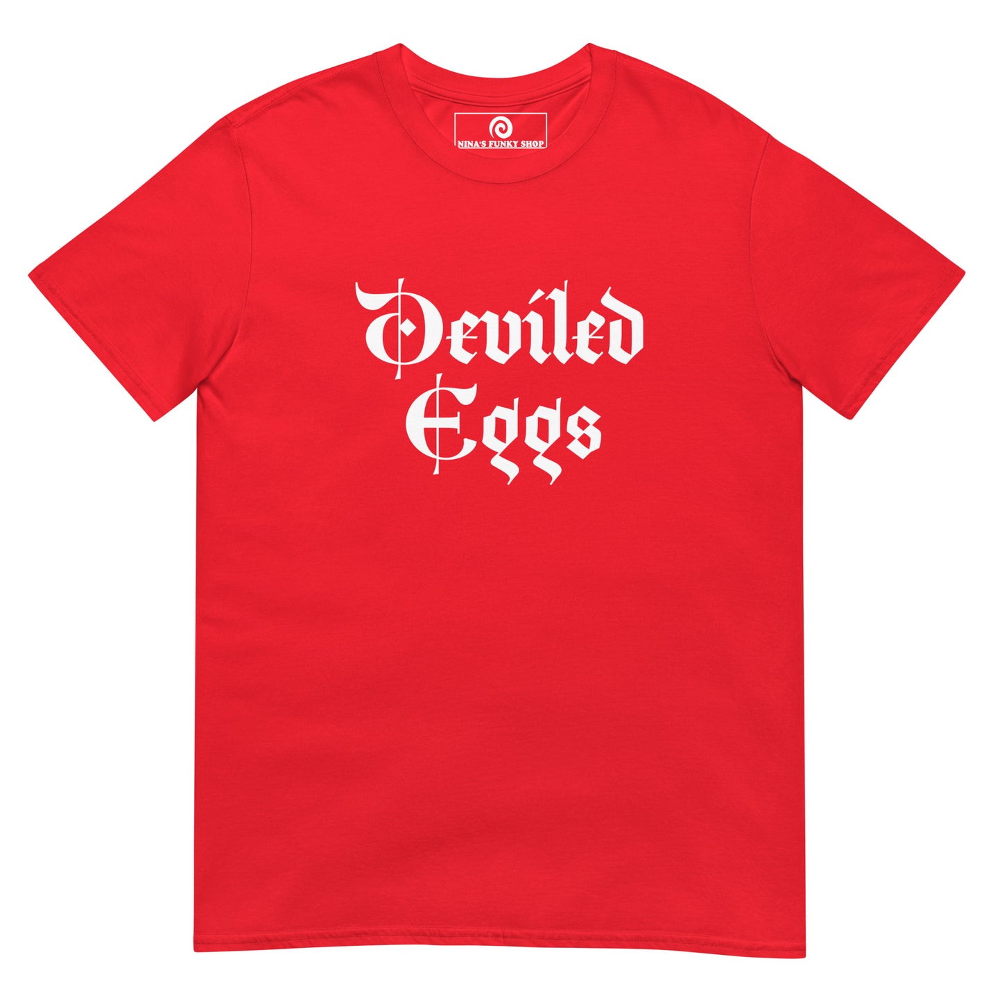 Red Deviled Eggs T-Shirt - Big fan of Deviled Eggs? Looking for a gift for a foodie? Our Deviled Eggs T-Shirt is soft, comfortable and made just for you. It's a funny t-shirt that comes in a variety of colors with "deviled eggs", expertly printed on the front.