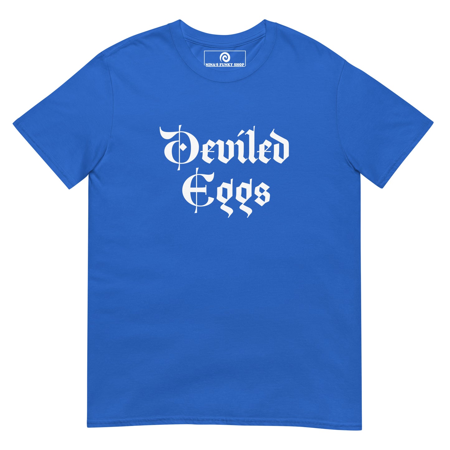 Blue Deviled Eggs T-Shirt - Big fan of Deviled Eggs? Looking for a gift for a foodie? Our Deviled Eggs T-Shirt is soft, comfortable and made just for you. It's a funny t-shirt that comes in a variety of colors with "deviled eggs", expertly printed on the front.