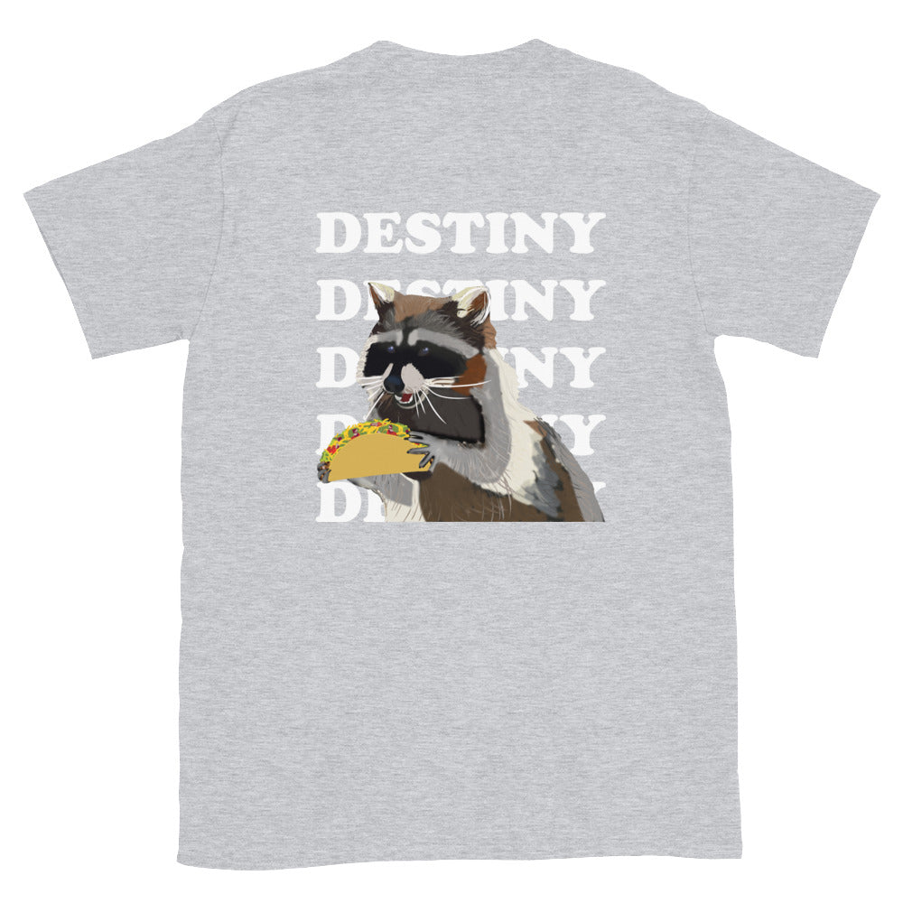 Light gray t-shirt with hungry raccoon and taco - This funny taco and raccoon lover t-shirt is totally unique and an eye catching design that's sure to make conversation. Eat tacos in style in this funky foodie graphic tee or give it as a funny gift for raccoon lovers. Stay weird in this original design unisex shirt with a raccoon eating a taco and the word destiny.