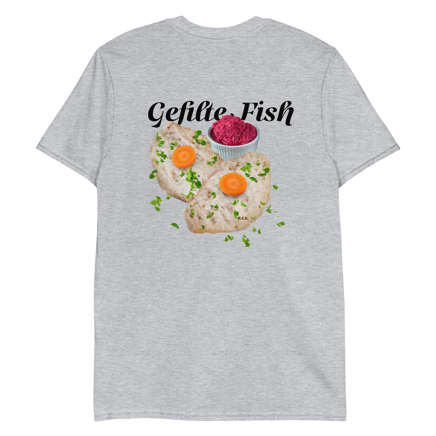 Gray Gefilte Fish Design Shirt - Love gefilte fish? Looking for a funny gift for an Ashkenazi? Our Gefilte Fish T-Shirt is just what you need. It's soft and comfortable with a unique Gefilte Fish Design, expertly printed on the front.