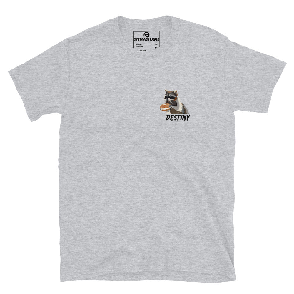 Light gray funny foodie t-shirt - A raccoon eating a bagel t-shirt that's comfortable with a totally original design. It's a unique graphic tee for raccoon enthusiasts and bagel lover's alike. Destiny calls...eat your next bagel in style in a funky t-shirt made just for you. Or give it as a funny and unique gift for bagel addicts and raccoon lovers.