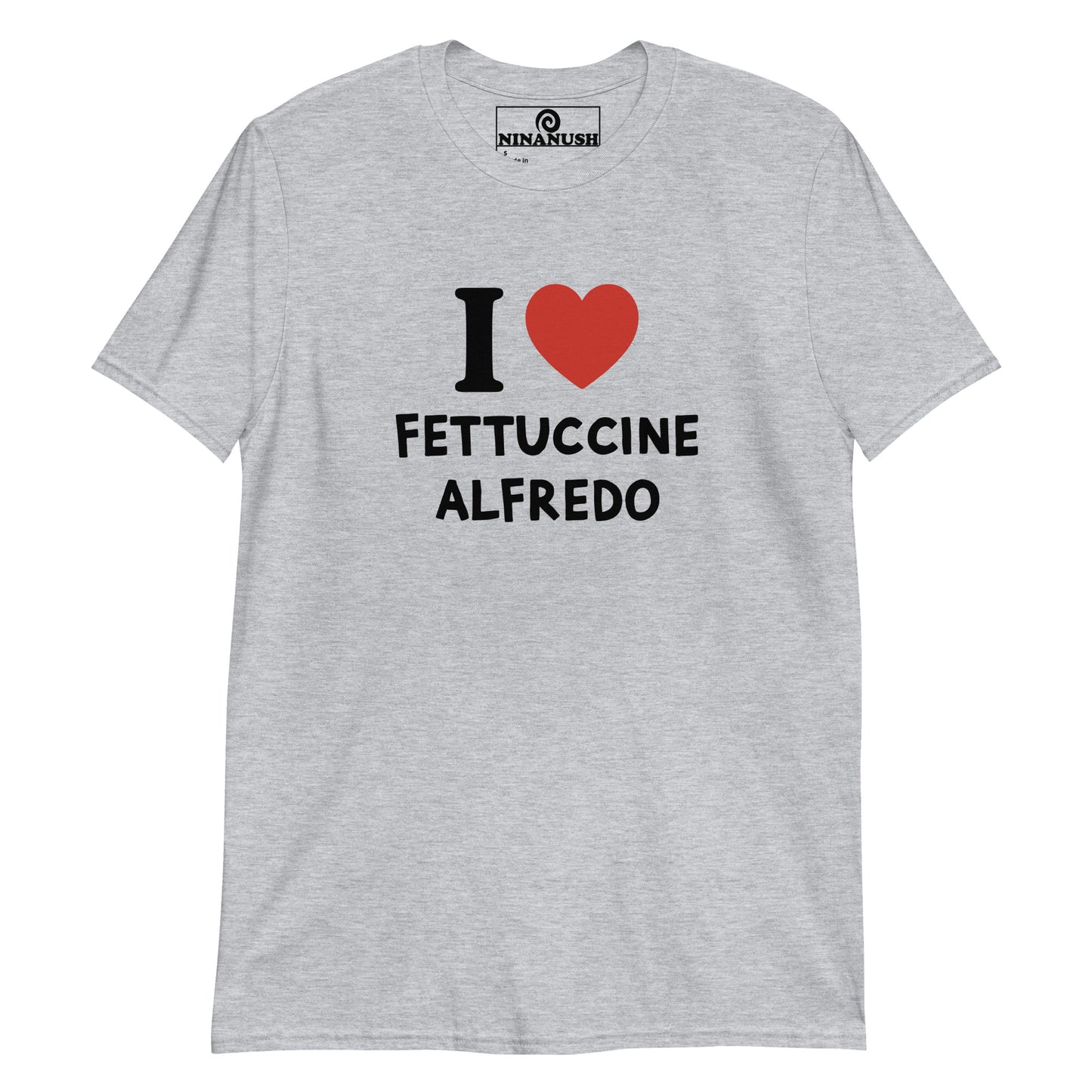 Gray I heart fettuccine Alfredo t-shirt from Nina's Funky Shop by ninanush - The I love fettuccine Alfredo t-shirt! A classic t-shirt for pasta lovers that stands out and makes a bold statement. Wear this funny foodie shirt and show off your fettuccine passion. It's designed for fettuccine Alfredo enthusiasts and made just for you, or give it as a unique gift for a fettuccine Alfredo lover.