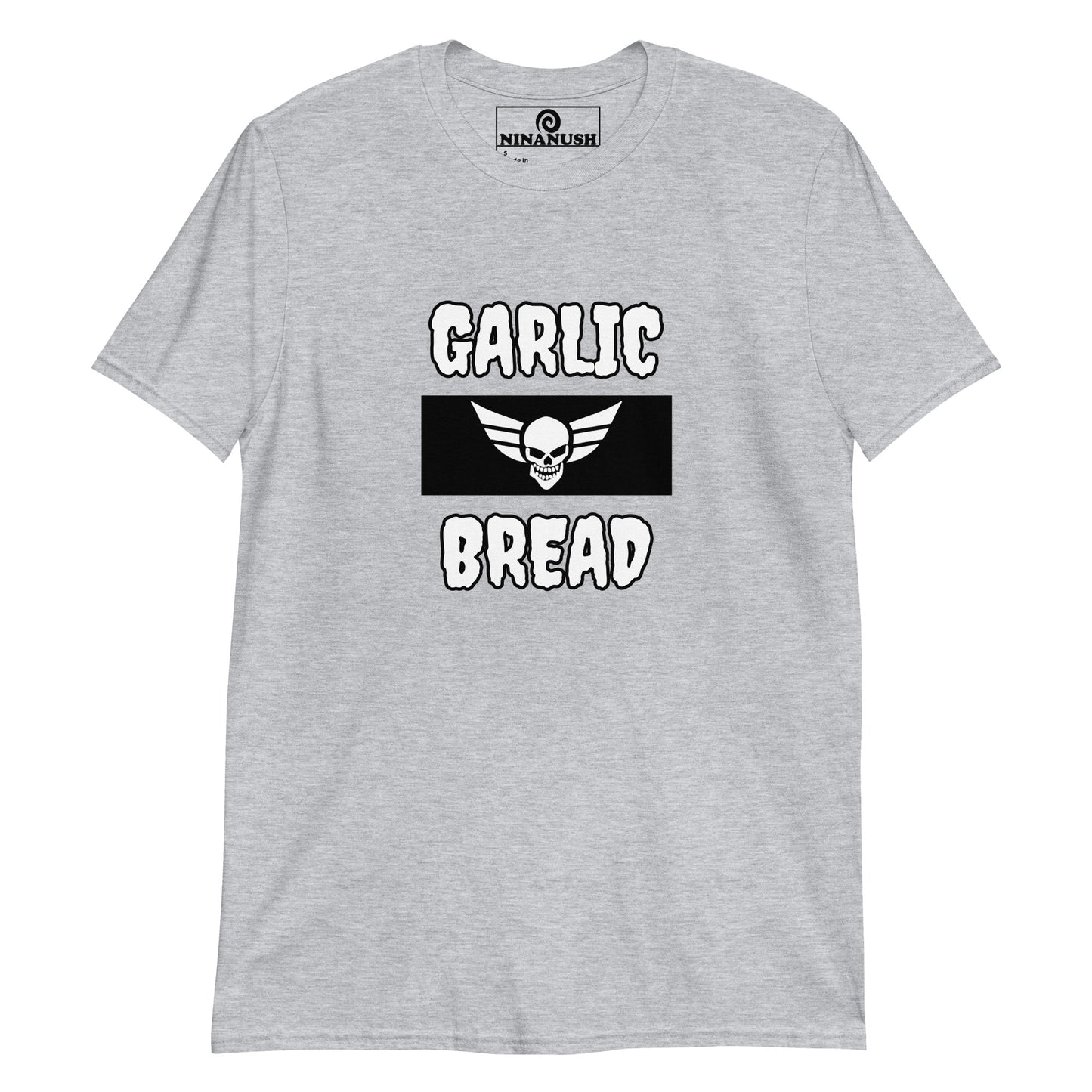 Dark Gray Garlic Bread T-shirt with Scull with Wings from Nina's Funky Shop by ninanush - Do you love garlic bread? Looking for a funny gift for a friend? This Garlic Bread T-Shirt is just for you! It's soft, made of comfortable cotton and has a funny foodie design, expertly printed on the front. This spooky foodie tee comes in a variety of colors and makes the perfect shirt for garlic bread enthusiasts.