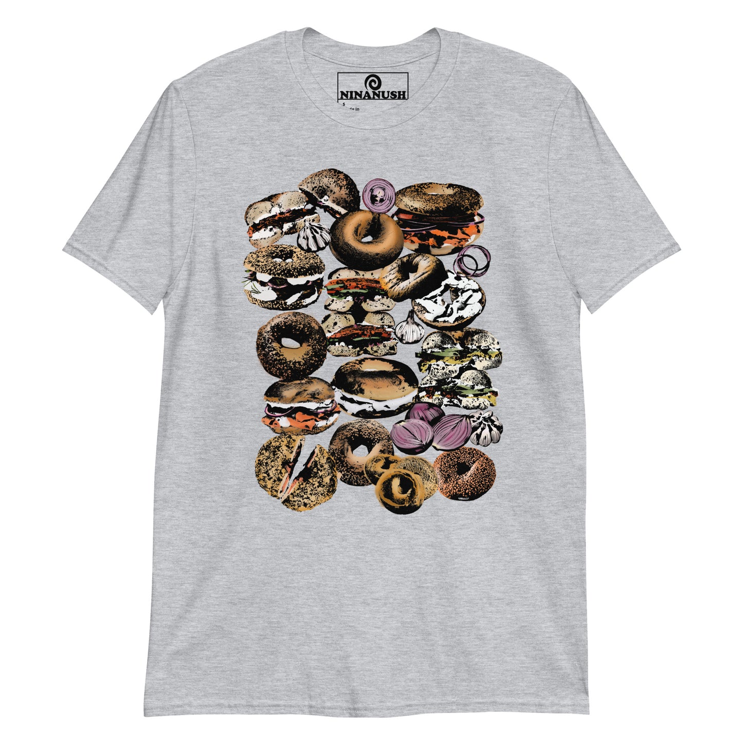 Gray Bagel Lover T-shirt from Nina's Funky Shop by ninanush - Are you a bagel enthusiast? Looking for a bagel lover gift? This funky and colorful bagel shirt features bagels, garlic and onions together in the ultimate bagel lover shirt design. Stand out and eat bagels in this funky everything bagel shirt. It's a funny foodie t-shirt for bagel addicts and foodies of all kinds.