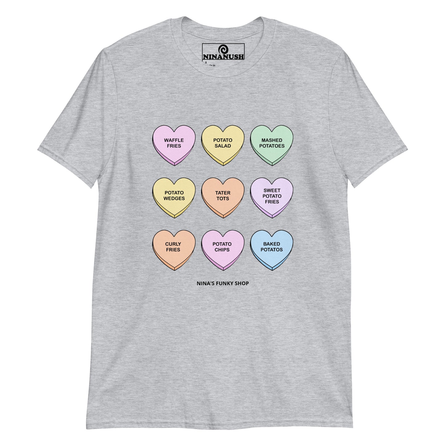 Gray Colorful Hearts Potatoes T-shirt - Do you love potatoes? Looking for a Valentine's Day gift? Our Valentine's Potatoes T-shirt is just what you need. It's a soft and comfortable cotton shirt with a funny Valentine design of colorful hearts with different potato foods. It's the perfect graphic tee for Valentine's Day and everyday potato enthusiasts.