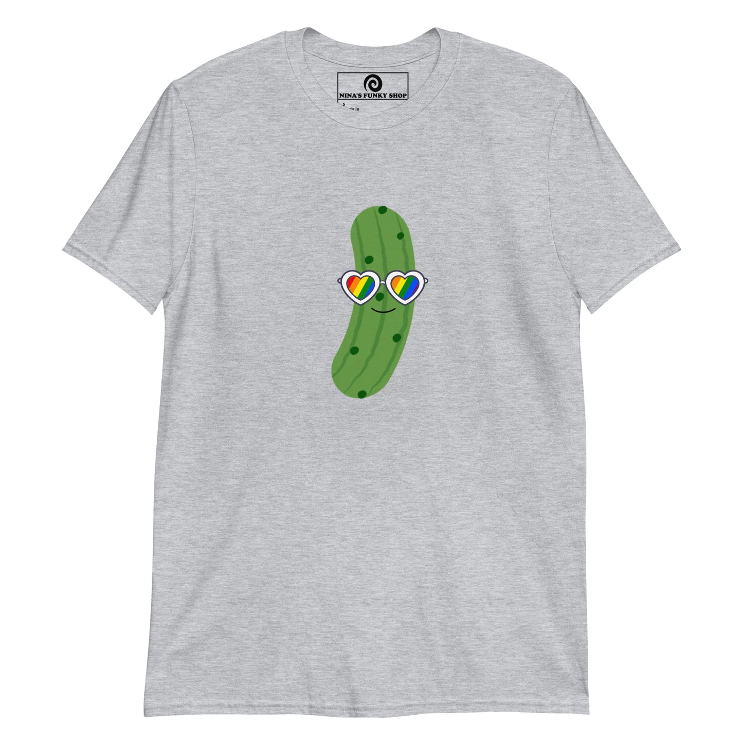 Light Gray Funny Pride T-shirt with Pickle Design - Our pride Pickle T-shirt is soft, comfortable and comes in a variety of colors with a funny pickle design wearing heart pride sunglasses. Eat your favorite pickles in this funny foodie tee. Stand out in our sarcastic graphic tees and funny foodie apparel. Designed by Nina and made just for you!