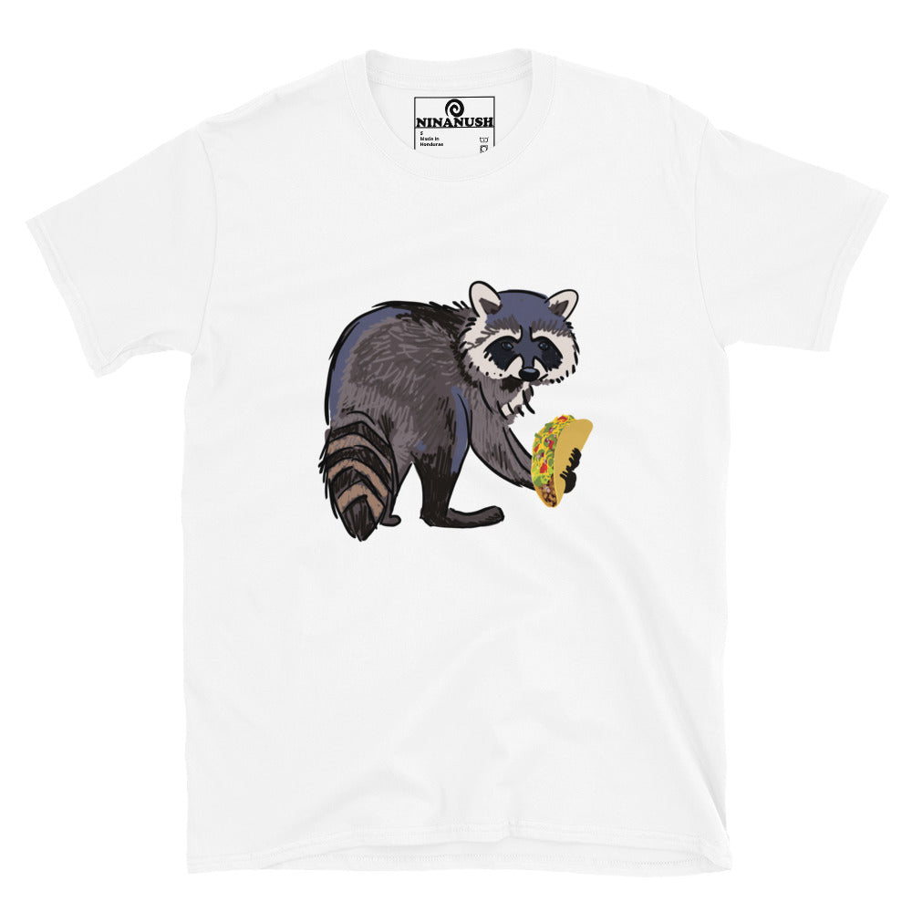 White shirt with raccoon eating a taco - This funky raccoon and taco lover t-shirt is colorful, hand drawn and made just for you. It's a classic comfortable t-shirt with a totally unique design of a raccoon eating a taco. Eat tacos in style or give this shirt as a funny raccoon lover gift. Celebrate your favorite foods in our funny food shirts and accessories.