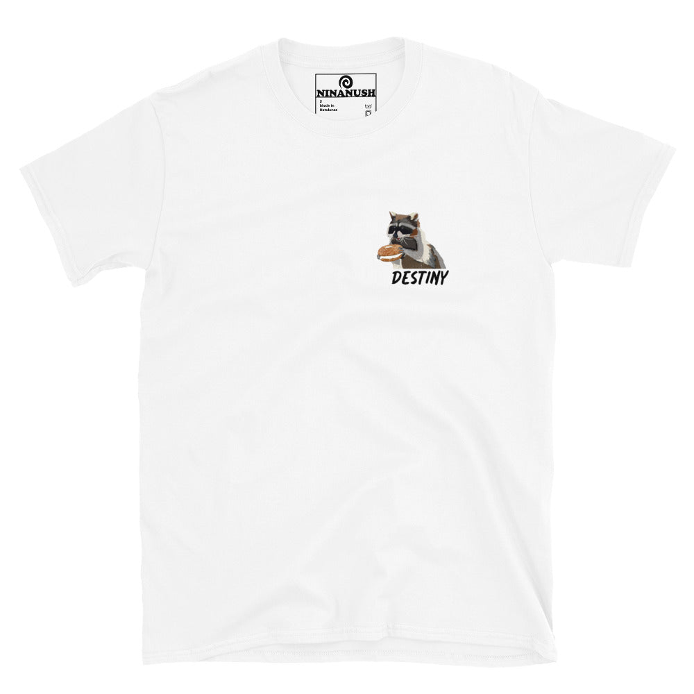White trash panda bagel t-shirt - A raccoon eating a bagel t-shirt that's comfortable with a totally original design. It's a unique graphic tee for raccoon enthusiasts and bagel lover's alike. Destiny calls...eat your next bagel in style in a funky t-shirt made just for you. Or give it as a funny and unique gift for bagel addicts and raccoon lovers.