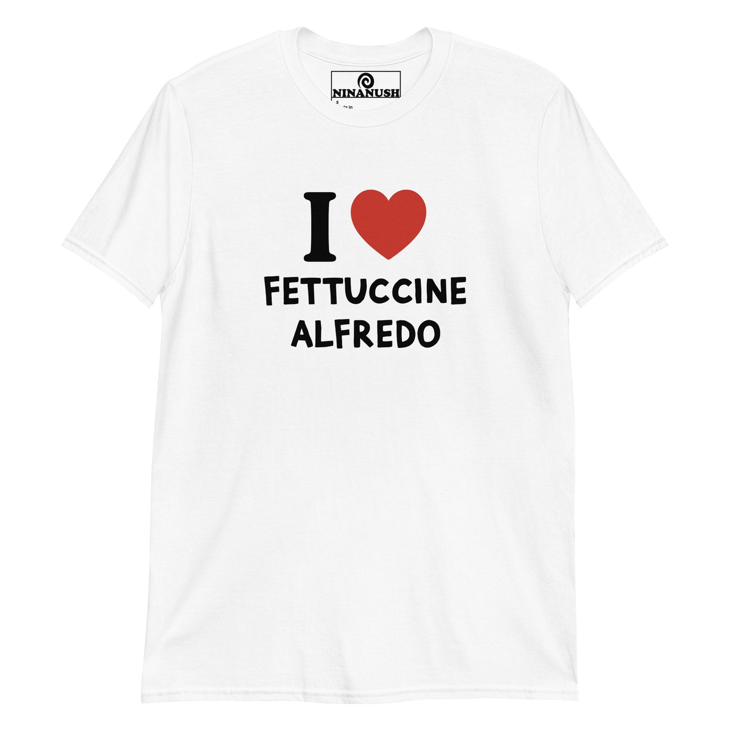 White I heart fettuccine Alfredo t-shirt from Nina's Funky Shop by ninanush - The I love fettuccine Alfredo t-shirt! A classic t-shirt for pasta lovers that stands out and makes a bold statement. Wear this funny foodie shirt and show off your fettuccine passion. It's designed for fettuccine Alfredo enthusiasts and made just for you, or give it as a unique gift for a fettuccine Alfredo lover.