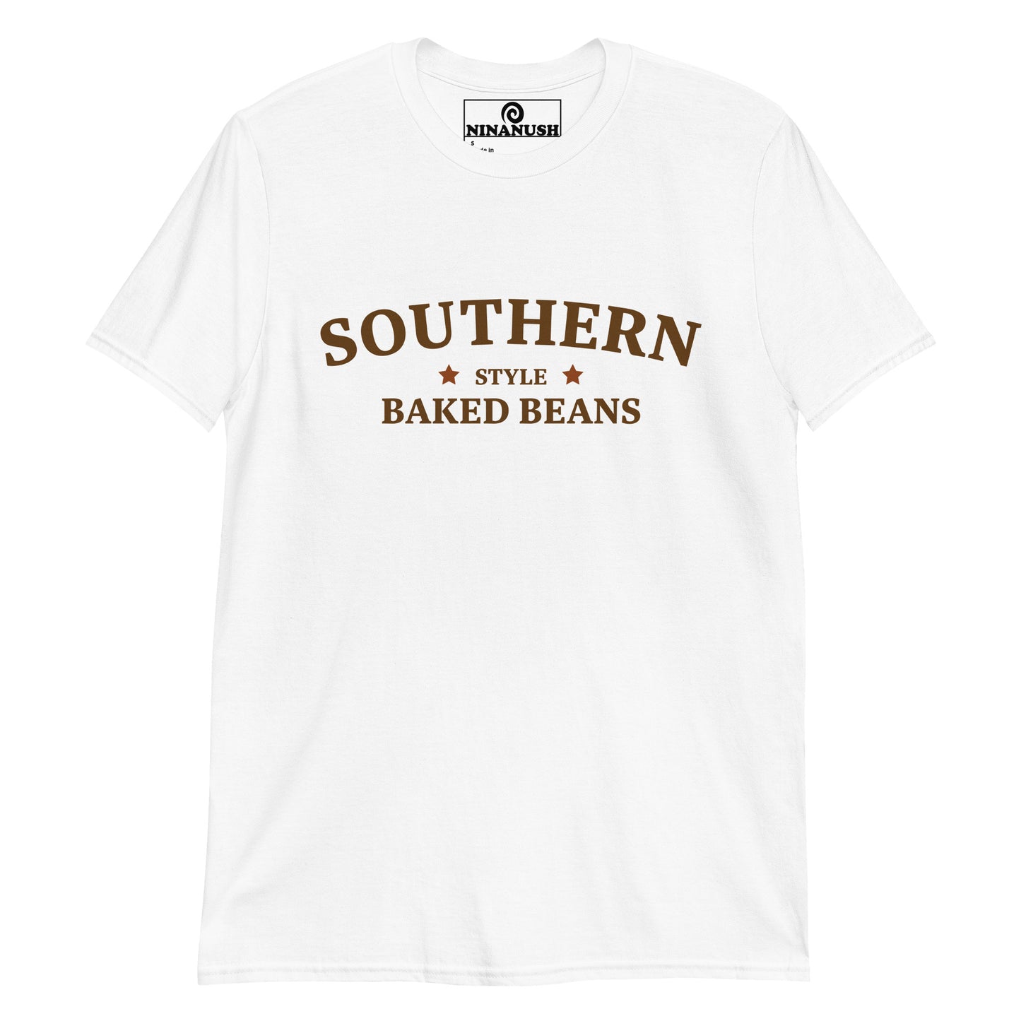 White and brown southern style baked beans t-shirt from Nina's Funky Shop - A funny baked beans t-shirt that's unique and made just for you. 🌟 Eat your favorite baked beans in this quirky t-shirt for southern baked bean lovers and foodies of all kinds. Add a little personality to your style in this baked bean enthusiast t-shirt or give it as a funny gift for a fellow bean aficionado.
