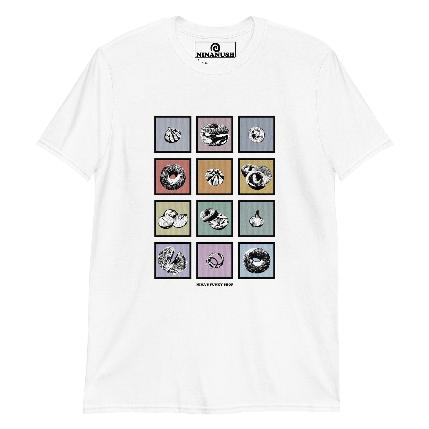 White Funky Bagel T-shirt from Nina's Funky Shop by ninanush - Bagel enthusiast? Looking for a gift for bagel lovers? This funky bagel shirt is just for you. It features black and white bagels, garlic and onions in colorful boxes on a soft and comfortable cotton tee. Stand out and eat your favorite bagels in this funny foodie t-shirt for bagel addicts and foodies of all kinds.