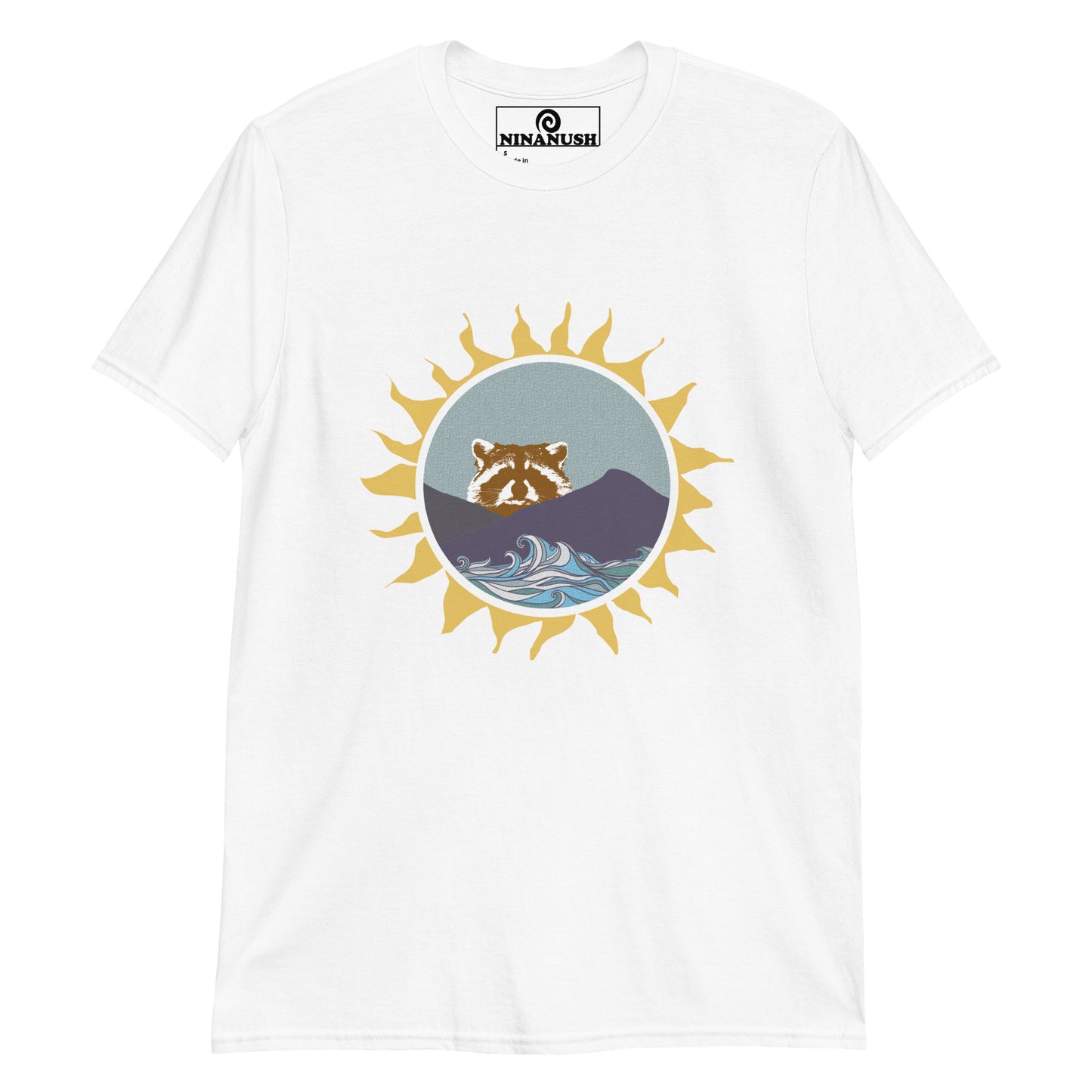 White raccoon t-shirt from Nina's Funky Shop by ninanush - Do you love raccoons? Looking for a raccoon graphic tee? Our colorful Raccoon T-shirt design is just what you need. Expertly printed on a soft and comfortable cotton tee. It features a raccoon peering over mountains with blue waves and funky sun frame. Stand out and show off your love of raccoons and quirky tees.