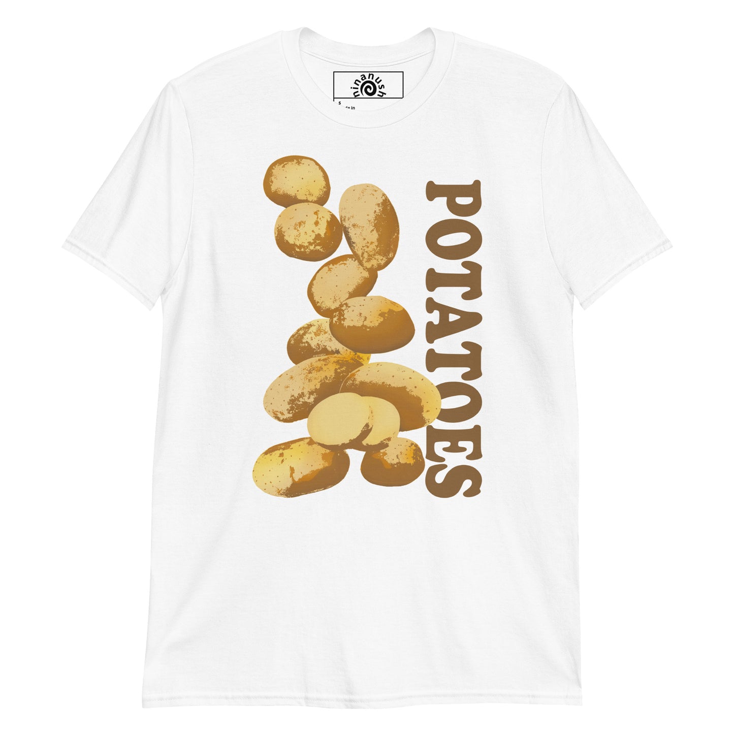 White Potatoes T-shirt from Nina's Funky Shop by ninanush - Do you love potatoes? Looking for a funny foodie gift? Our Unique Potatoes T-shirt is just what you need. It's a potatoes graphic tee with a hand drawn potato design, expertly printed on the front. Stand out in this potato lover t-shirt. It's the perfect funny foodie shirt for potato enthusiasts and foodies of all kinds.