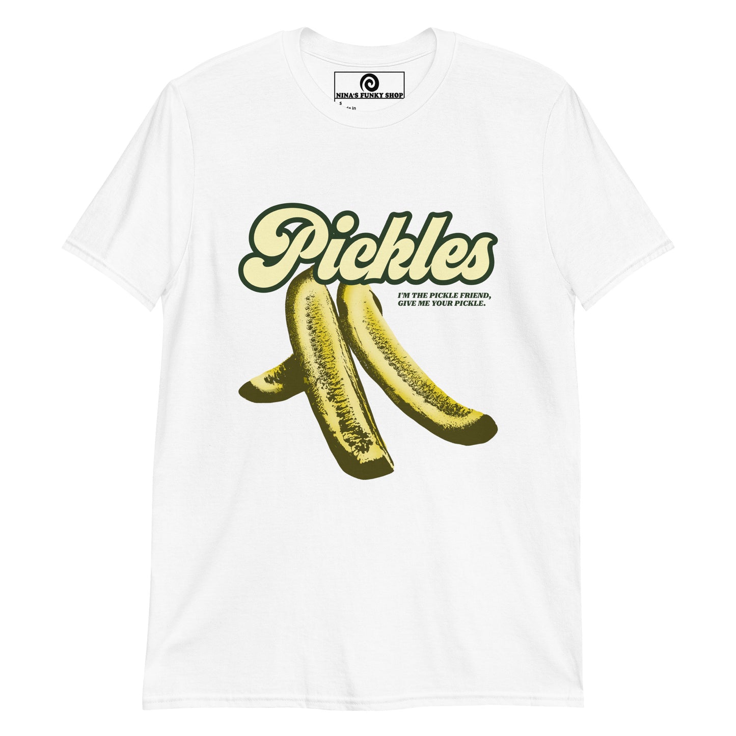 White Pickle Shirt with Green Pickle Design - I'm the pickle friend, give me your pickle - Eat pickles in style with this quirky t-shirt for pickle enthusiasts and foodies. It's a classic cotton t-shirt with a funny quote about pickles printed on the front in pickle green. If you're a passionate pickle aficionado, this funny foodie shirt is just what you need.