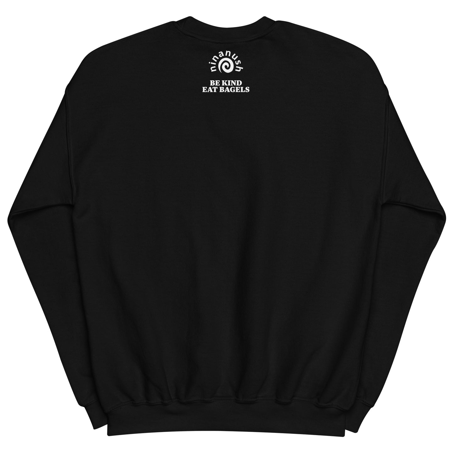 Back of black bagel and pizza lover sweatshirt - This pizza bagel sweatshirt is must-have for all pizza bagel enthusiasts! It's a classic crew neck sweatshirt that's soft, comfortable and shows your love of pizza bagels. This funny food sweatshirt is perfect for cozy nights, streetwear or a funny gift for foodies. Make a statement in this pizza bagel lover sweatshirt.