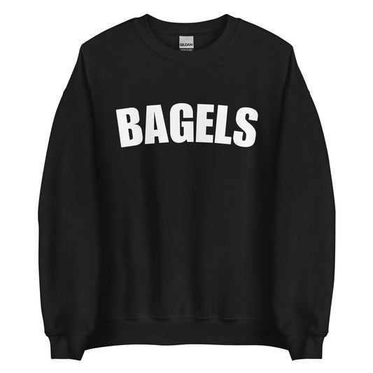 Black college style bagels sweatshirt from Nina's Funky Shop by ninanush - Our Bagels Sweatshirt is soft, comfortable and a perfect foodie sweatshirt for bagel lovers. It's a unisex, classic crew neck sweatshirt that comes in a variety of colors with the word "Bagel", expertly printed on the front. Perfect for cozy nights in or stand out streetwear for foodies, this sweatshirt is designed by Nina and made just for you.
