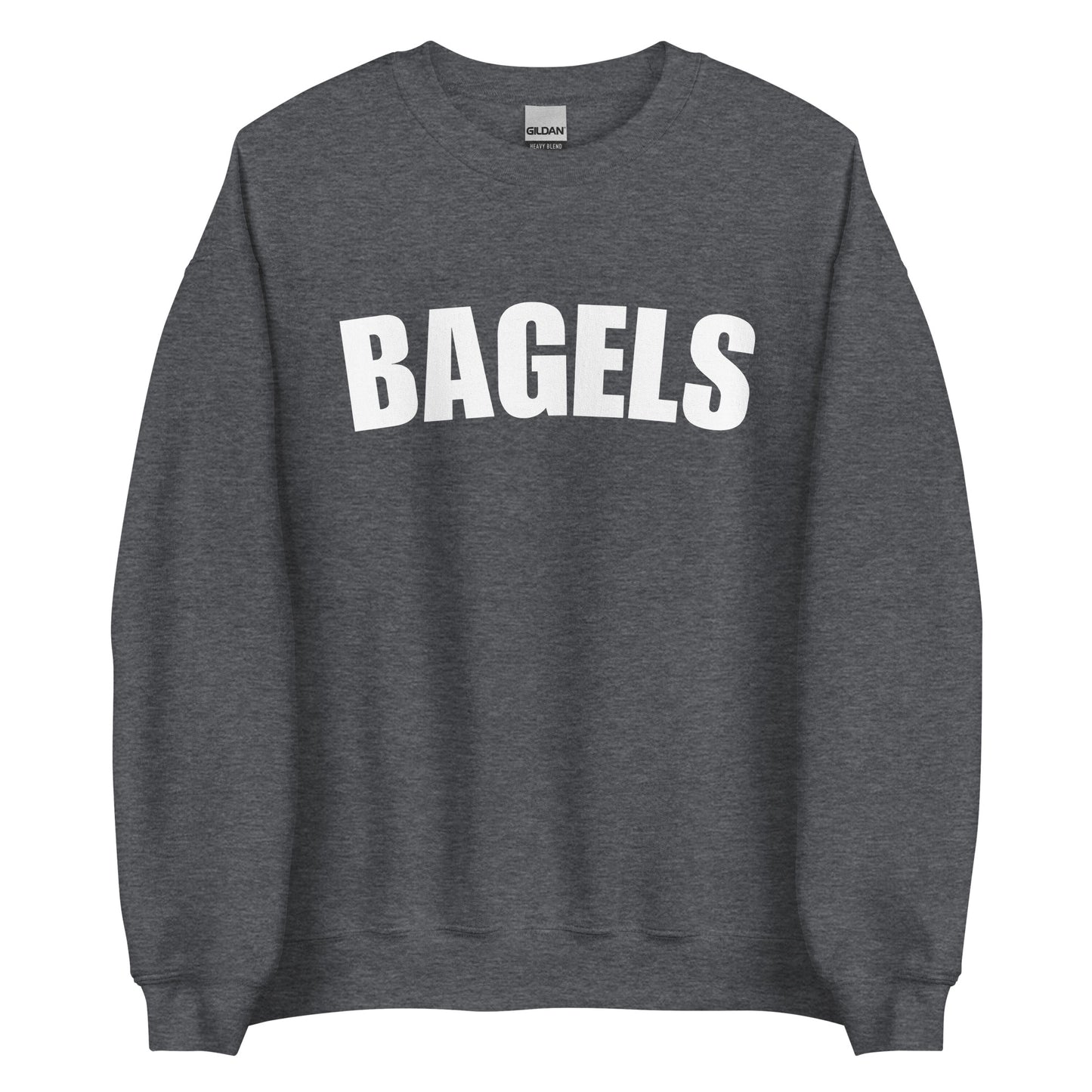 Dark gray college style bagels sweatshirt from Nina's Funky Shop by ninanush - Our Bagels Sweatshirt is soft, comfortable and a perfect foodie sweatshirt for bagel lovers. It's a unisex, classic crew neck sweatshirt that comes in a variety of colors with the word "Bagel", expertly printed on the front. Perfect for cozy nights in or stand out streetwear for foodies, this sweatshirt is designed by Nina and made just for you.