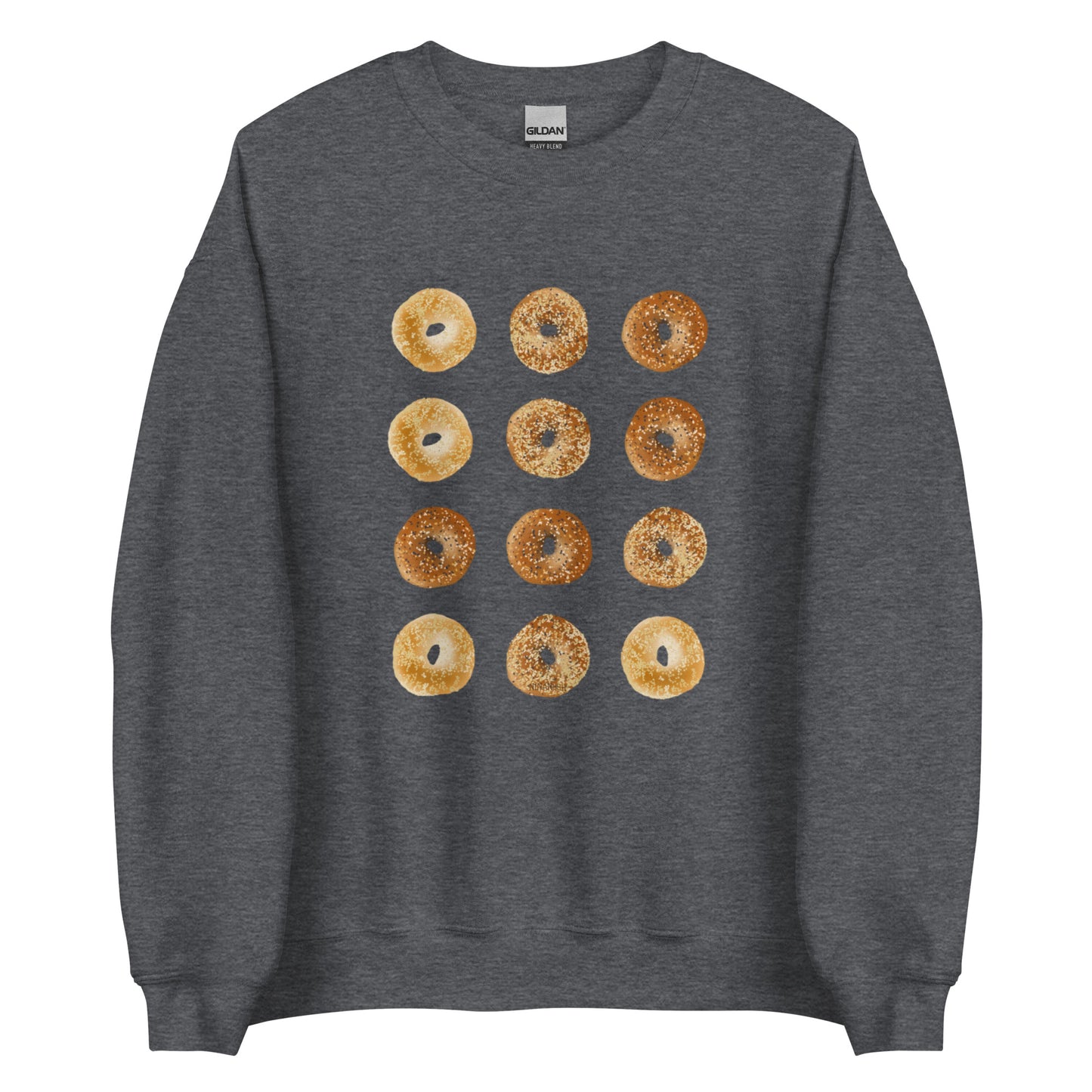 Dark Gray Bagels Crewneck Sweatshirt from Nina's Funky Shop by ninanush - Our Bagels Sweatshirt is soft, comfortable and a perfect foodie sweatshirt for bagel lovers. It's a unisex, classic crew neck sweatshirt that comes in a variety of colors with a dozen bagels, expertly printed on the front. Perfect for cozy nights in or stand out streetwear for foodies, this sweatshirt is hand drawn, designed by Nina and made just for you.