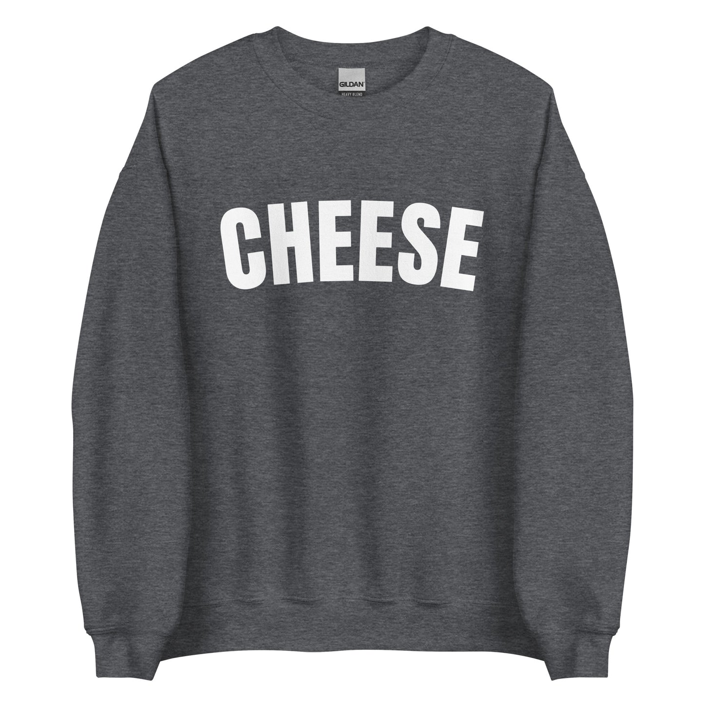 Dark Gray Unisex Crewneck Cheese Sweatshirt from Nina's Funky Shop by ninanush - Do you love cheese? Looking for a funny gift for a friend? Our Cheese Crewneck Sweatshirt is just what you need. It's a unisex sweatshirt for foodies with "cheese" on the front. The perfect funny food sweatshirt for cozy nights in or stand out cheese lover streetwear. This cheese enthusiast sweatshirt is made just for you.