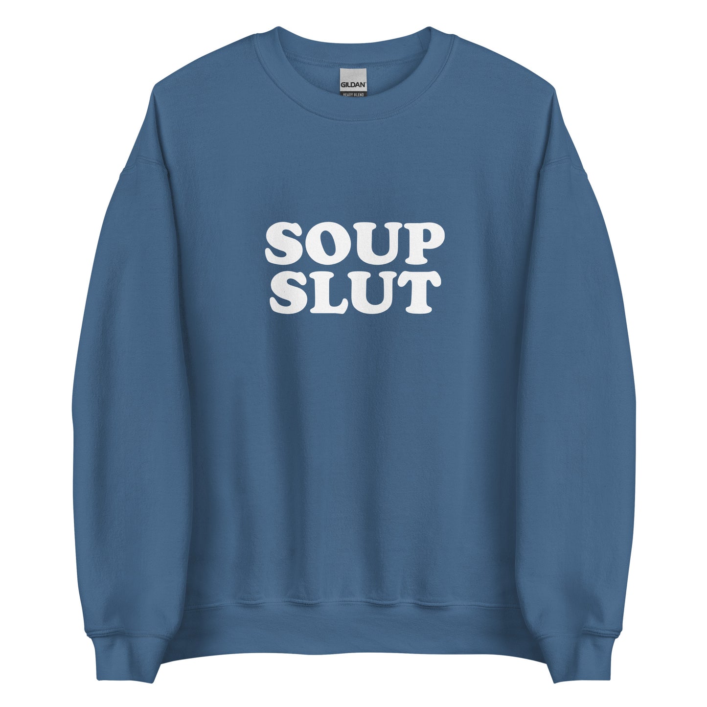 Indigo Blue soup slut sweatshirt from Nina's Funky Shop by ninanush - Do you love soup? Looking for a funny gift for a friend? Our Soup Slut Sweatshirt is soft, comfortable and just what you need. It's a unisex foodie sweatshirt that comes in a variety of colors with "soup slut", expertly printed on the front. A perfect funny foodie sweatshirt for cozy nights in or stand out soup lover streetwear.