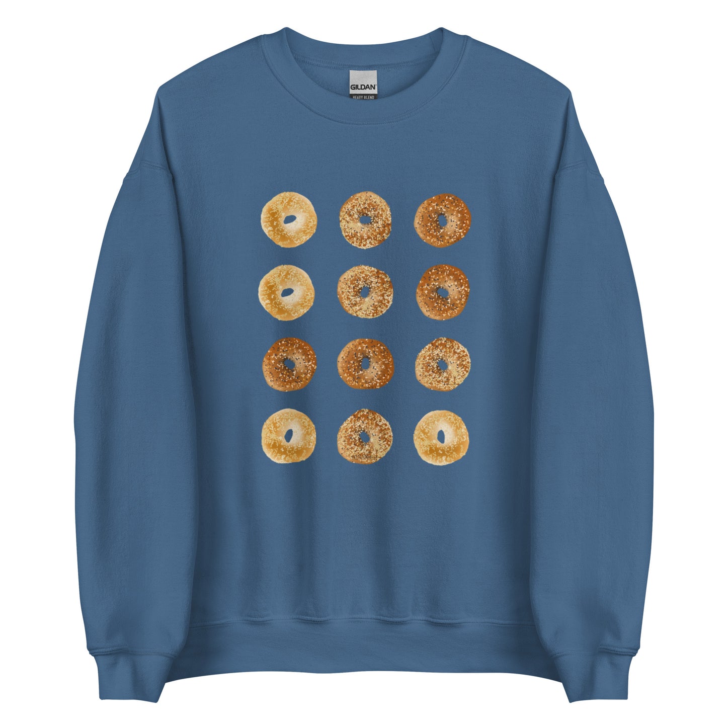 Indigo Blue Bagels Crewneck Sweatshirt from Nina's Funky Shop by ninanush - Our Bagels Sweatshirt is soft, comfortable and a perfect foodie sweatshirt for bagel lovers. It's a unisex, classic crew neck sweatshirt that comes in a variety of colors with a dozen bagels, expertly printed on the front. Perfect for cozy nights in or stand out streetwear for foodies, this sweatshirt is hand drawn, designed by Nina and made just for you.
