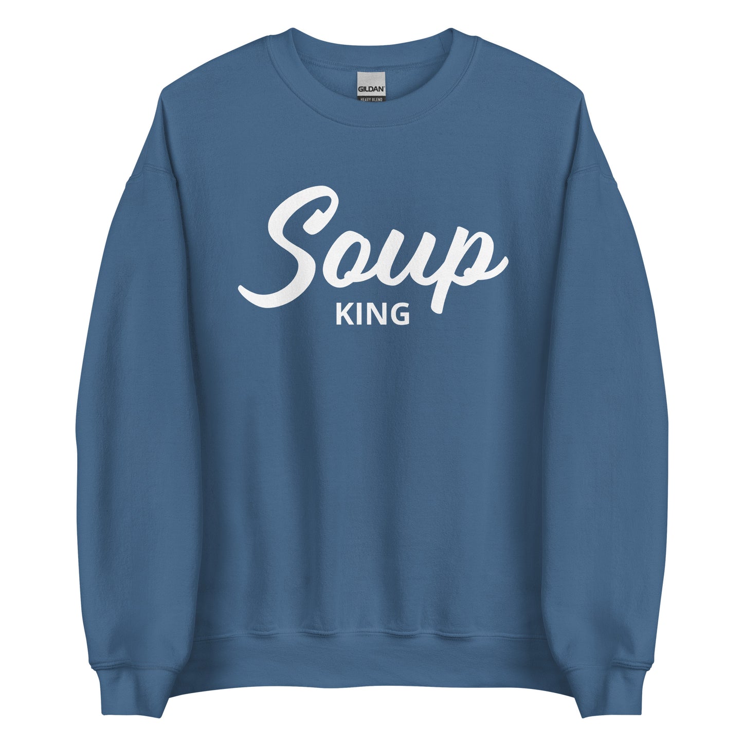 Indigo Blue Soup King Sweatshirt from Nina's Funky Shop by ninanush - Do you love soup? Looking for a funny gift for a soup lover? Our Soup King Crewneck Sweatshirt is just what you need. It's a unisex soup sweatshirt that comes in a variety of colors with "soup king" on the front. This funny soup sweatshirt is made just for you. Celebrate your favorite foods in our funky foodie apparel.