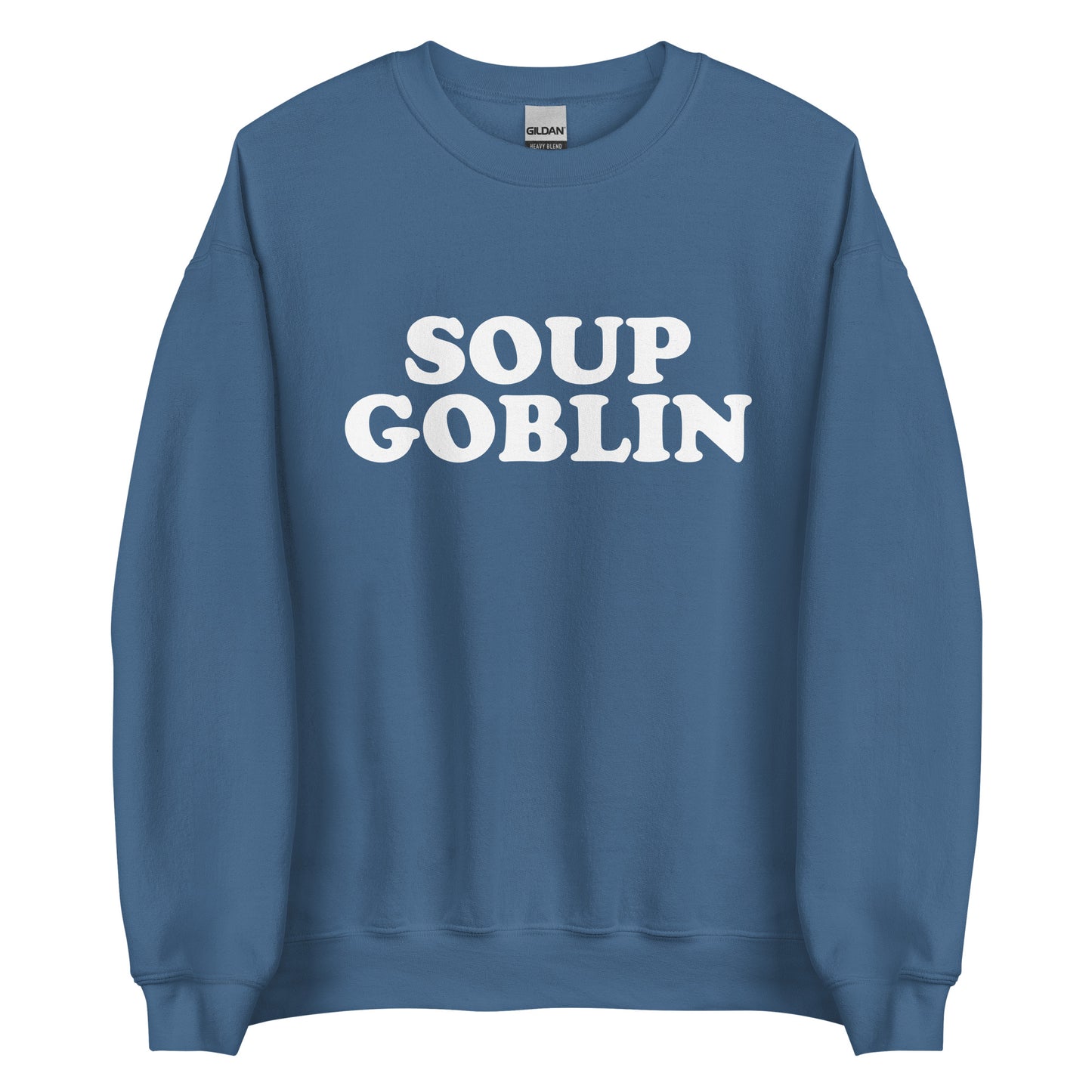 Indigo Blue Soup Goblin Sweatshirt from Nina's Funky Shop by ninanush - Are you a soup goblin? Looking for a funny foodie gift? Our Soup Goblin Crewneck Sweatshirt is soft, comfortable and just what you need. It's a unisex soup sweatshirt with "soup goblin", expertly printed on the front. A funny foodie sweatshirt for soup enthusiasts and a quirky sweatshirt for everyday streetwear.