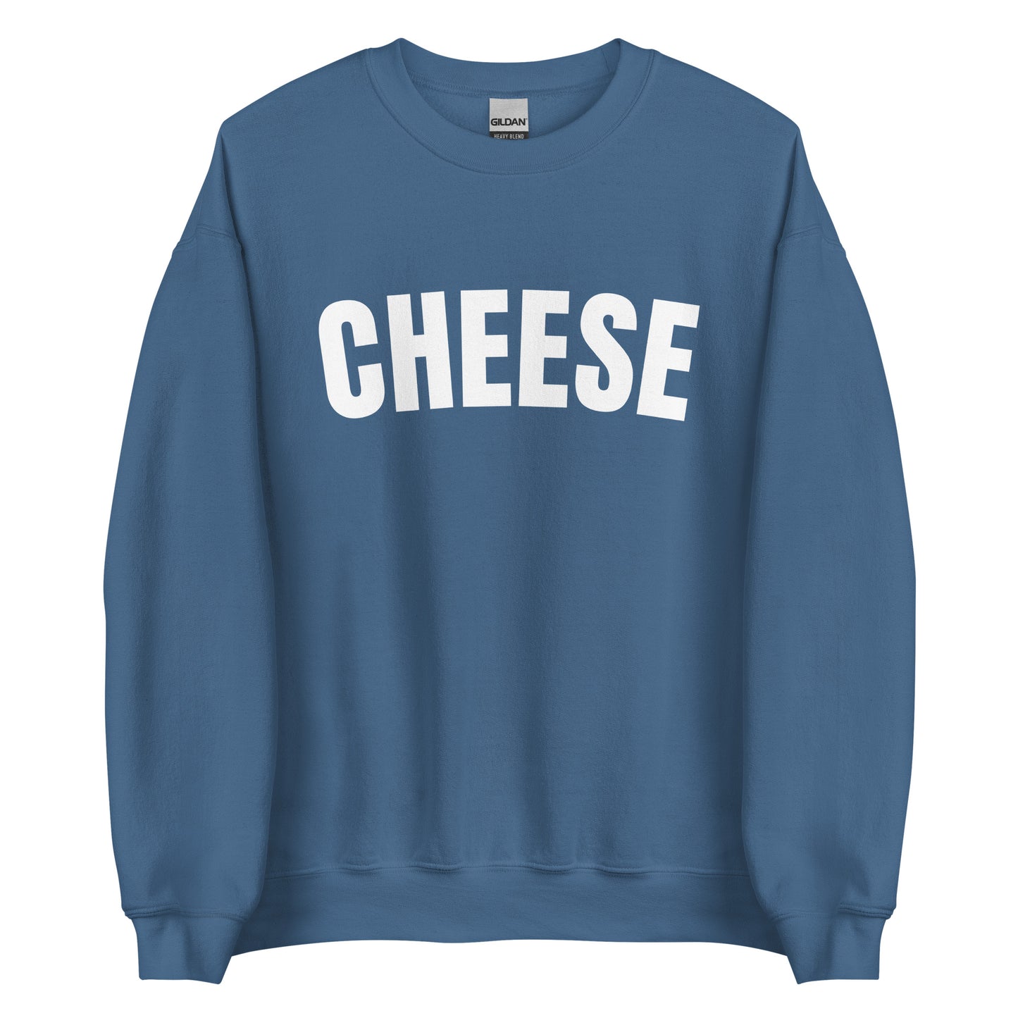 Indigo Blue Unisex Crewneck Cheese Sweatshirt from Nina's Funky Shop by ninanush - Do you love cheese? Looking for a funny gift for a friend? Our Cheese Crewneck Sweatshirt is just what you need. It's a unisex sweatshirt for foodies with "cheese" on the front. The perfect funny food sweatshirt for cozy nights in or stand out cheese lover streetwear. This cheese enthusiast sweatshirt is made just for you.
