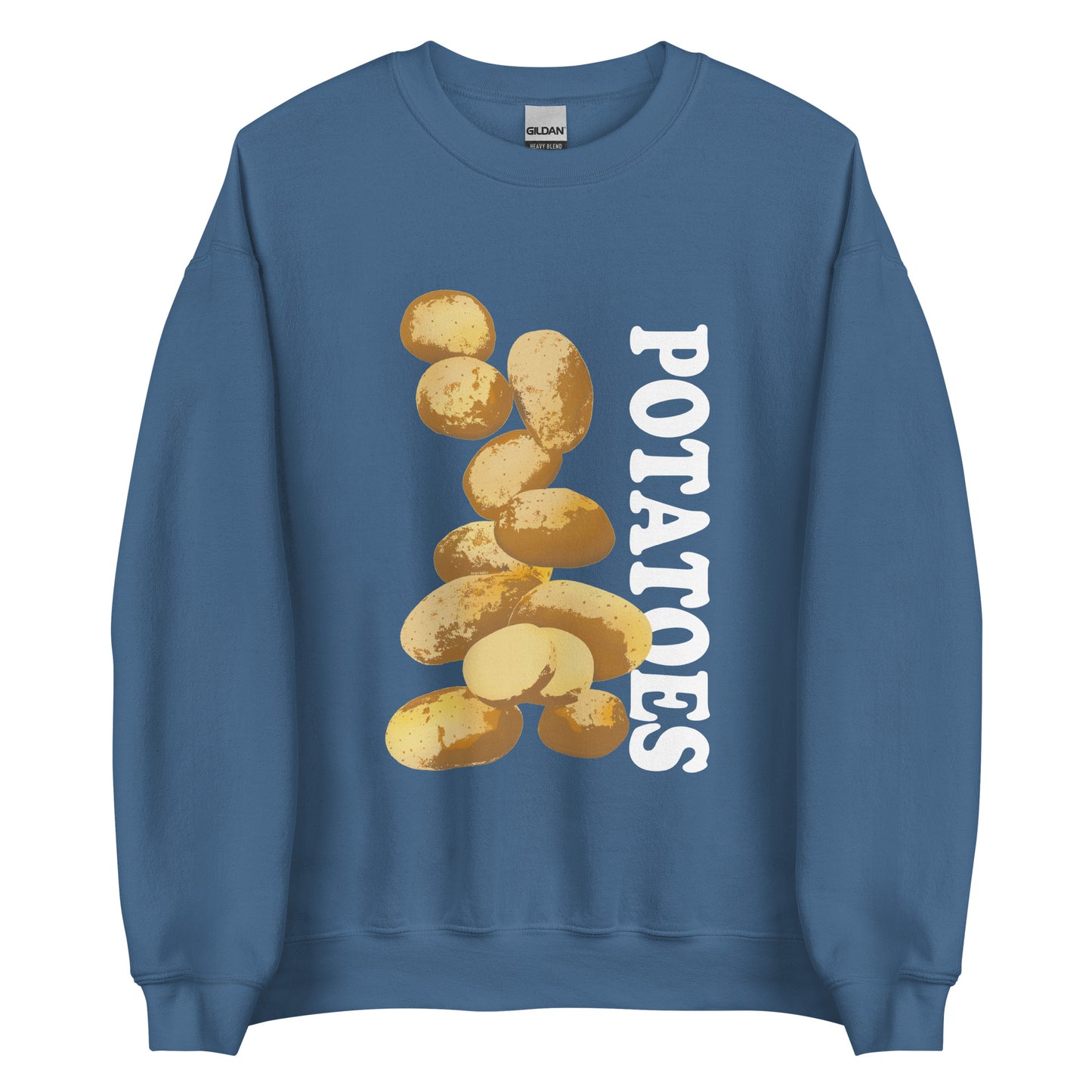 Indigo Blue sweatshirt with potatoes design - Love Potatoes? Looking for a unique gift for a fellow potato enthusiast? This unisex sweatshirt is warm, super soft and cozy, and made just for you. It comes in a variety of colors with a hand drawn potatoes design by Nina, expertly printed on the front.