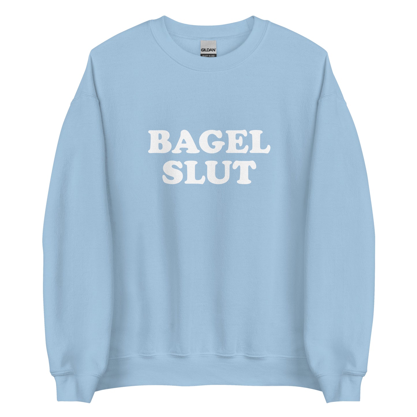 Light Blue Bagel Slut Sweatshirt from Nina's Funky Shop by ninanush - Do you love bagels? Looking for a funny gift? Our Bagel Slut Crewneck Sweatshirt is soft, comfortable and just what you need. It's a unisex sweatshirt that comes in a variety of colors with "Bagel Slut", expertly printed on the front. A unique and funny sweatshirt for cozy nights in or stand out bagel lover streetwear.