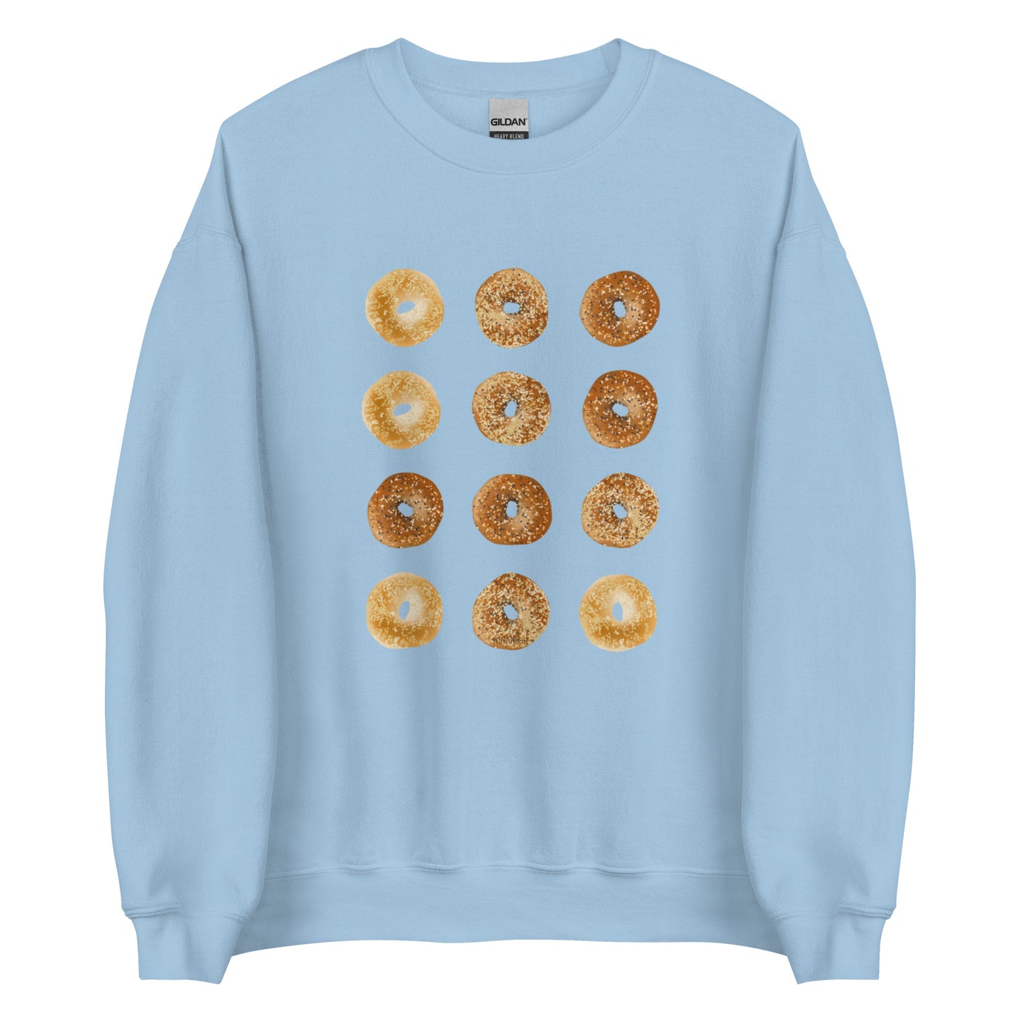 Light Blue Bagels Crewneck Sweatshirt from Nina's Funky Shop by ninanush - Our Bagels Sweatshirt is soft, comfortable and a perfect foodie sweatshirt for bagel lovers. It's a unisex, classic crew neck sweatshirt that comes in a variety of colors with a dozen bagels, expertly printed on the front. Perfect for cozy nights in or stand out streetwear for foodies, this sweatshirt is hand drawn, designed by Nina and made just for you.