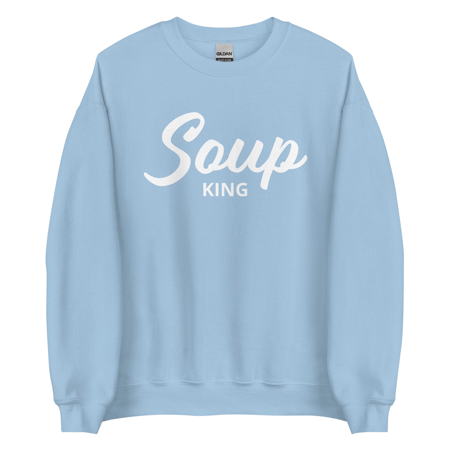 Light Blue Soup King Sweatshirt from Nina's Funky Shop by ninanush - Do you love soup? Looking for a funny gift for a soup lover? Our Soup King Crewneck Sweatshirt is just what you need. It's a unisex soup sweatshirt that comes in a variety of colors with "soup king" on the front. This funny soup sweatshirt is made just for you. Celebrate your favorite foods in our funky foodie apparel.