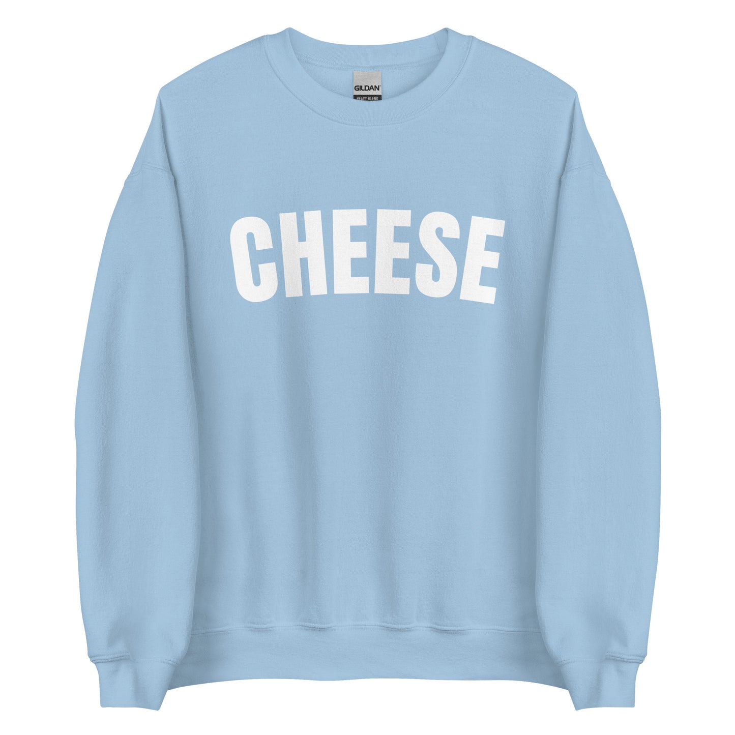 Light Blue Unisex Crewneck Cheese Sweatshirt from Nina's Funky Shop by ninanush - Do you love cheese? Looking for a funny gift for a friend? Our Cheese Crewneck Sweatshirt is just what you need. It's a unisex sweatshirt for foodies with "cheese" on the front. The perfect funny food sweatshirt for cozy nights in or stand out cheese lover streetwear. This cheese enthusiast sweatshirt is made just for you.