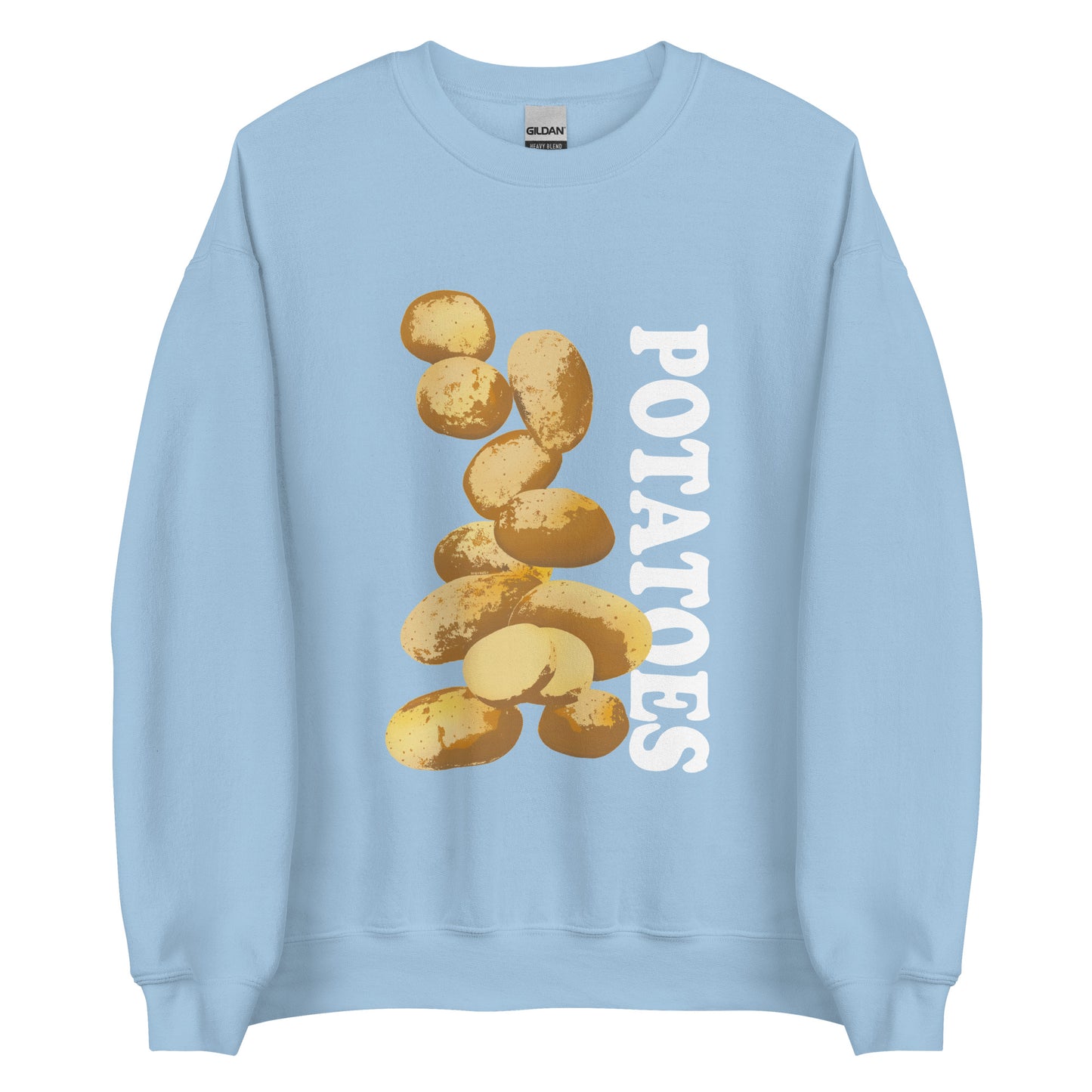 Light Blue sweatshirt with potatoes design - Love Potatoes? Looking for a unique gift for a fellow potato enthusiast? This unisex sweatshirt is warm, super soft and cozy, and made just for you. It comes in a variety of colors with a hand drawn potatoes design by Nina, expertly printed on the front.